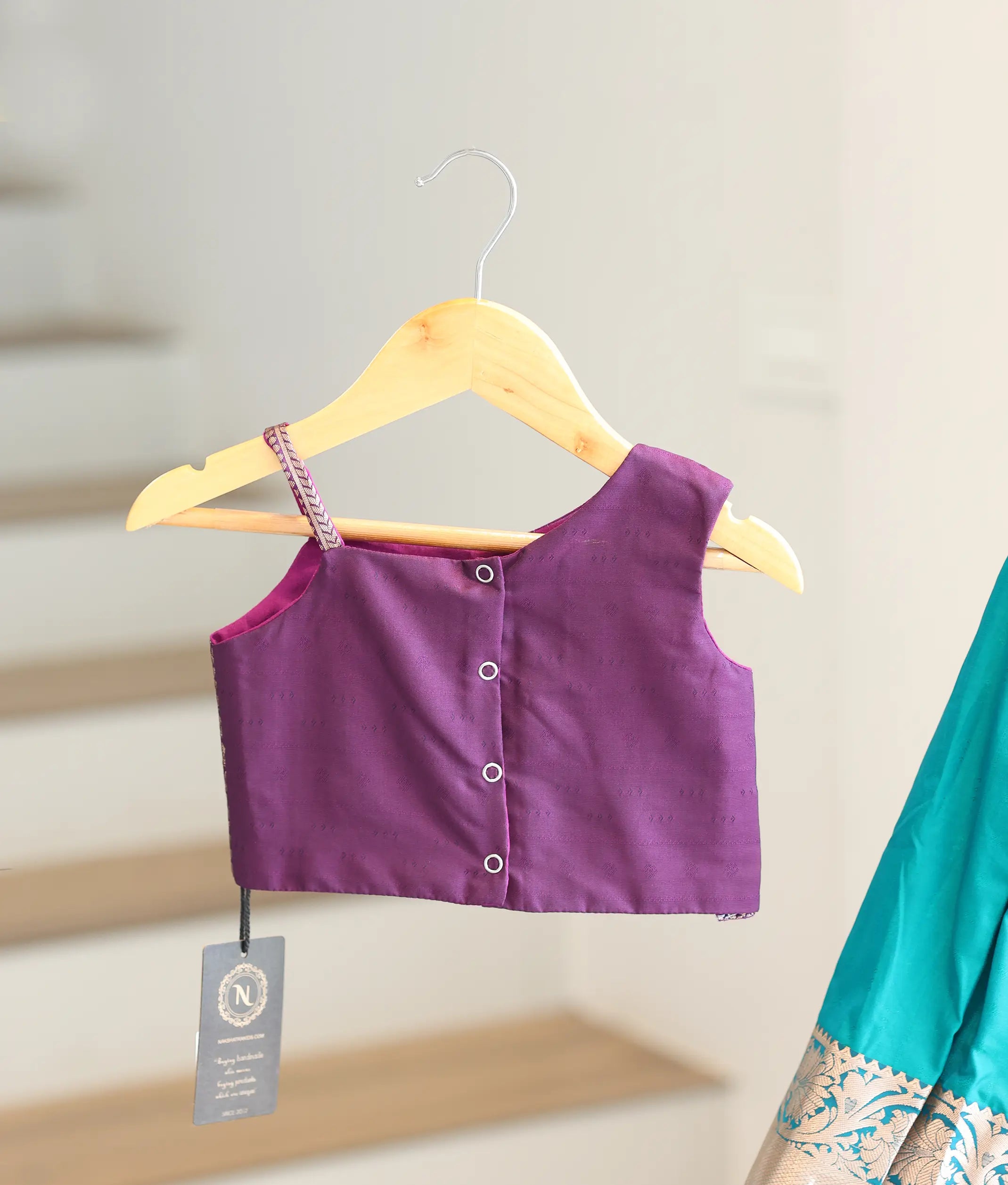 Teal Blue and Violet Kanchipuram Silk Skirt and Top for Baby Girl [6405A]