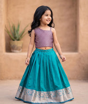 Teal Blue and Violet Kanchipuram Silk Skirt and Top for Baby Girl [6405A]