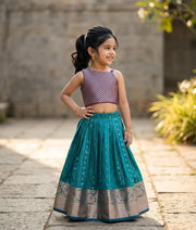 Teal Blue and Violet Kanchipuram Silk Skirt and Top for Baby Girl [6405]