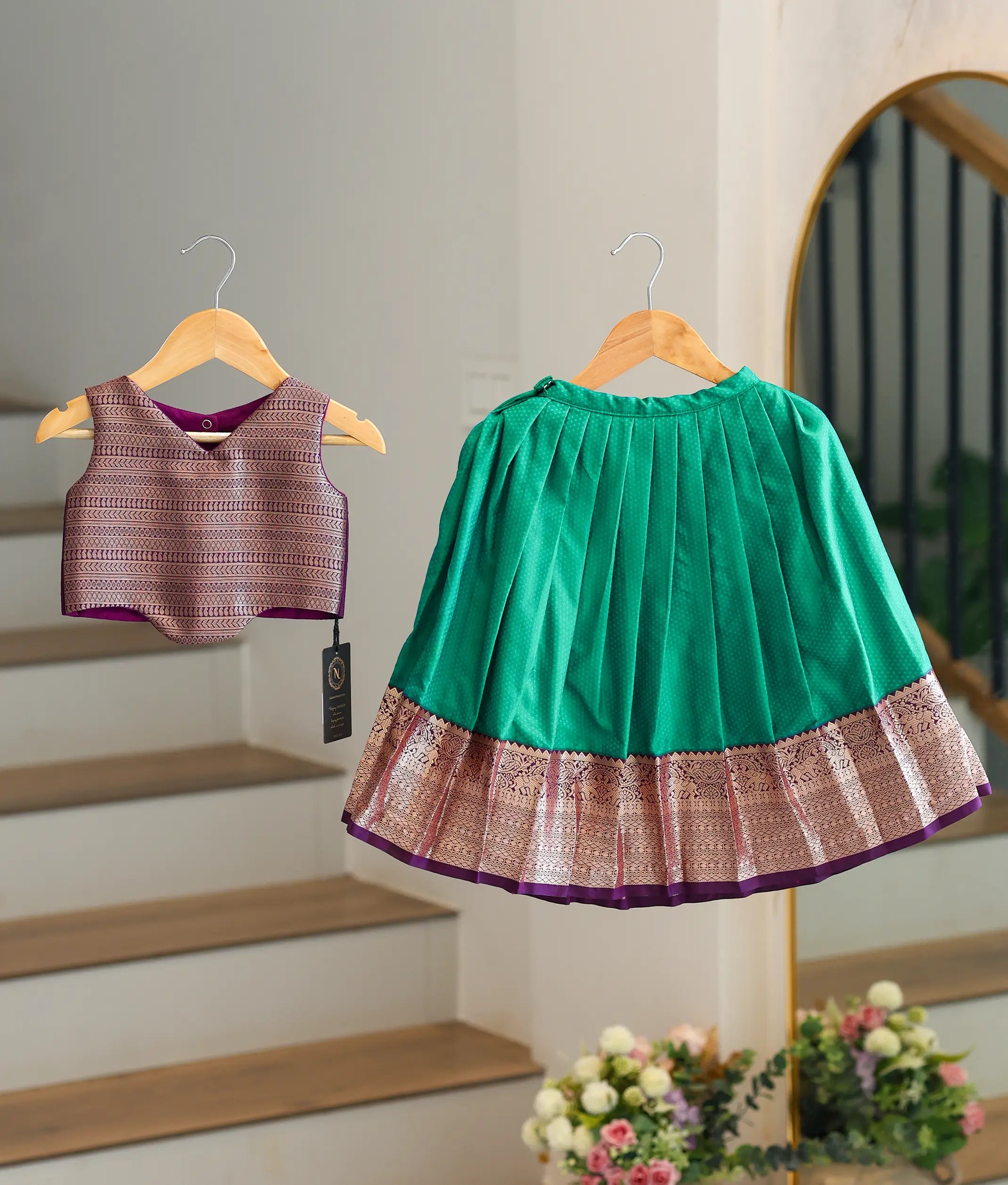 Emerald Green and Wine Kanchipuram Silk Skirt and Top for Baby Girl [6406]