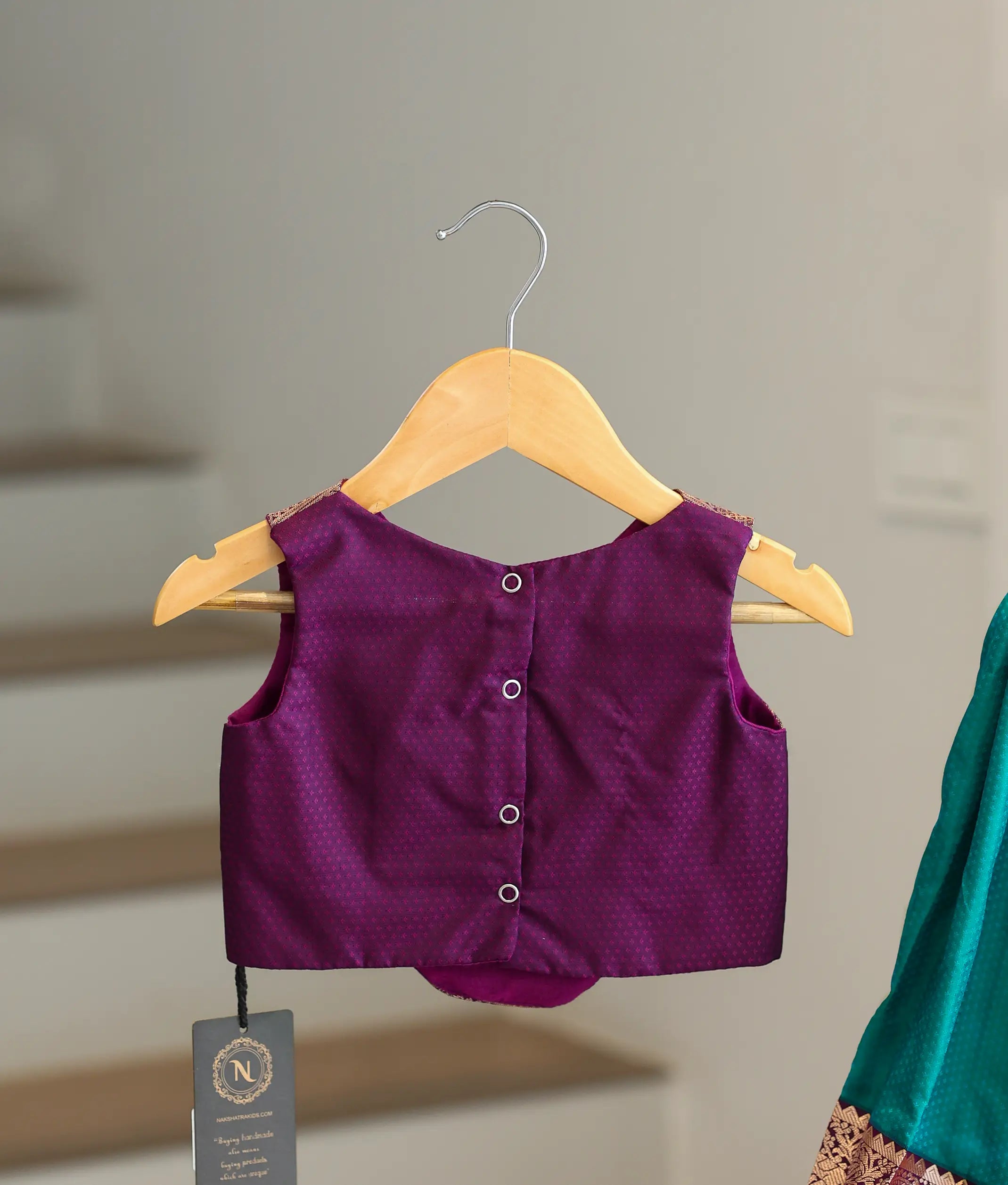 Emerald Green and Wine Kanchipuram Silk Skirt and Top for Baby Girl [6406]