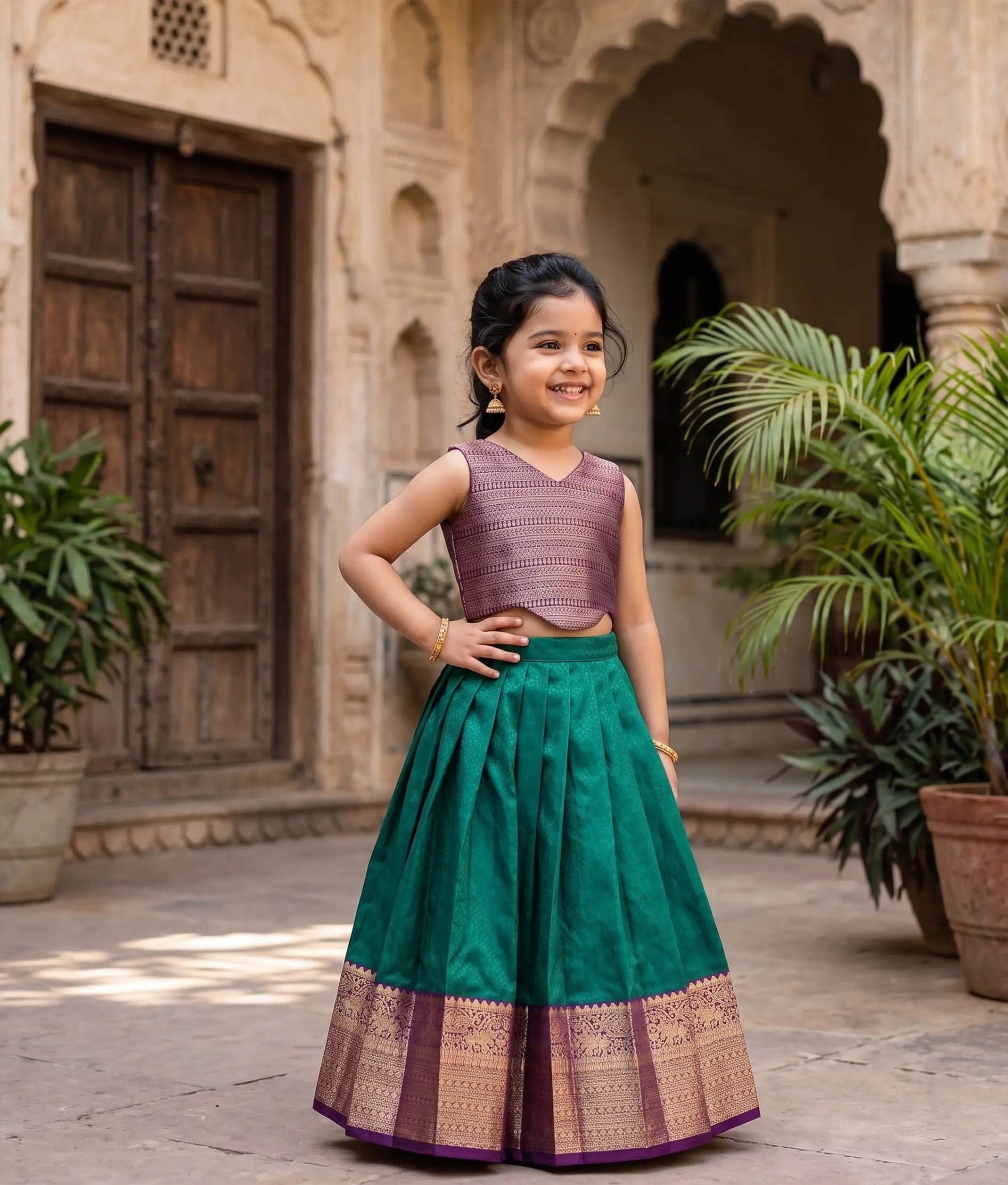 Emerald Green and Wine Kanchipuram Silk Skirt and Top for Baby Girl [6406]