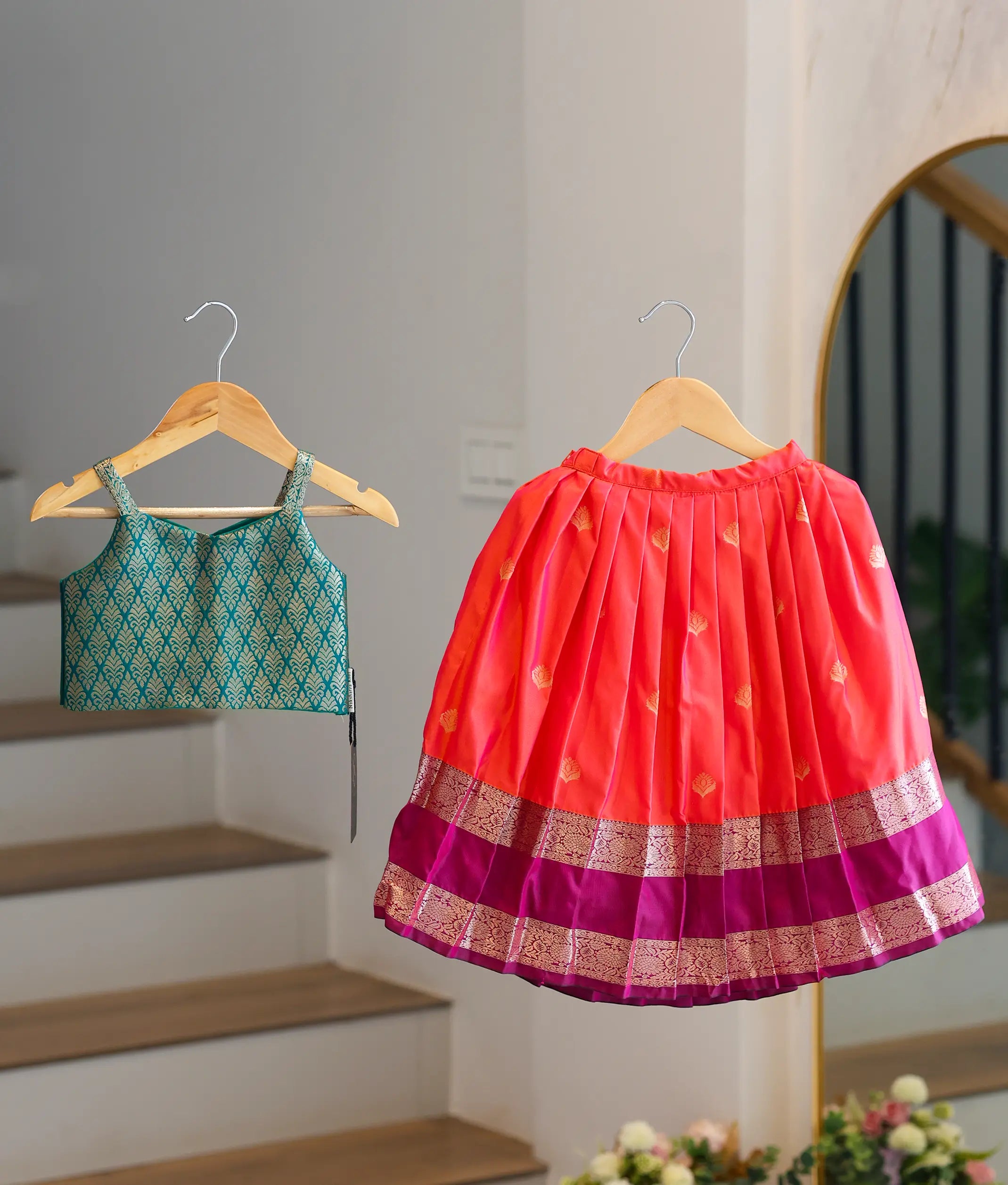 Orange and Green Kanchipuram Silk Skirt and Top for Baby Girl [6407]