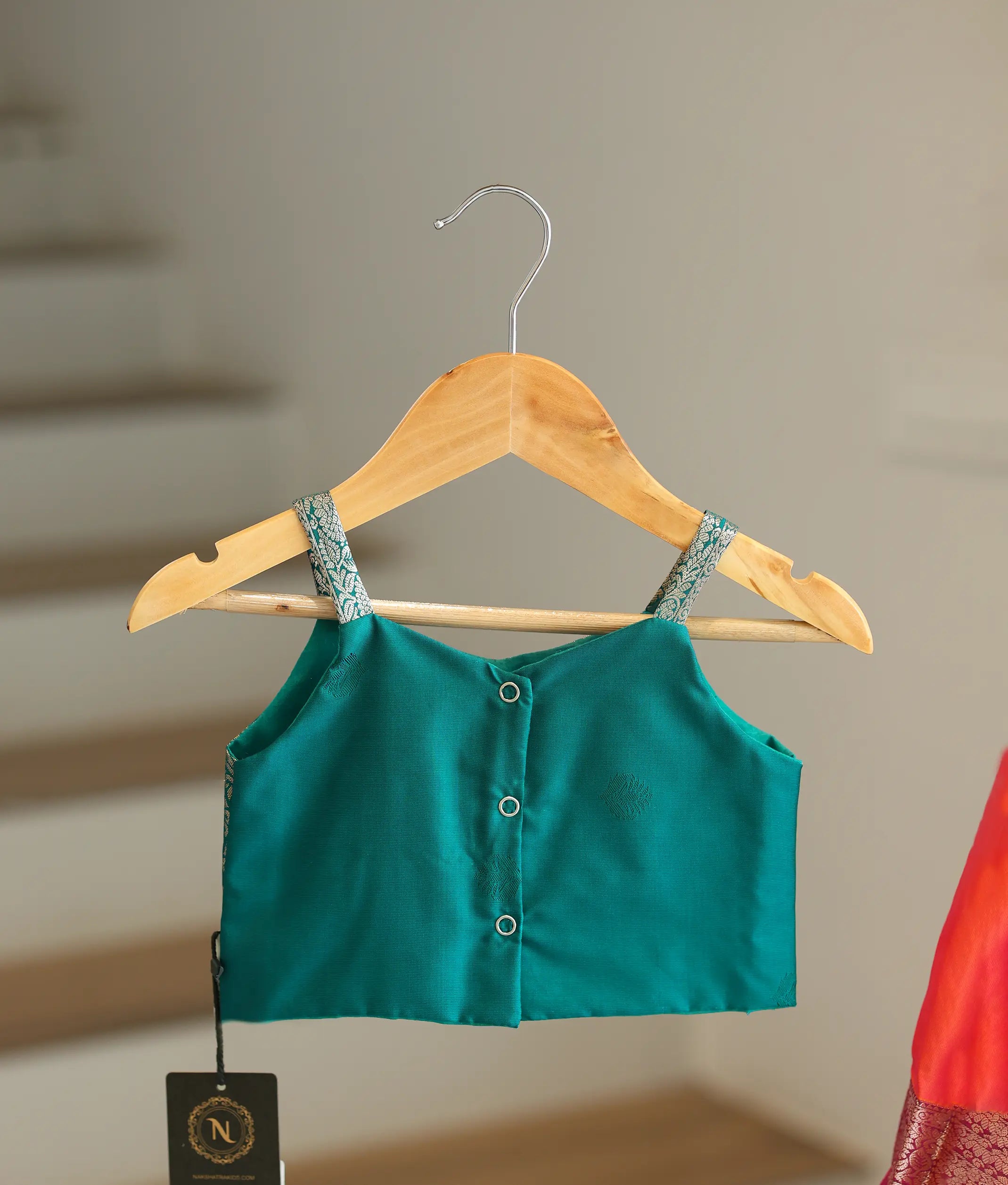 Orange and Green Kanchipuram Silk Skirt and Top for Baby Girl [6407]