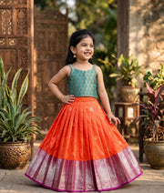 Orange and Green Kanchipuram Silk Skirt and Top for Baby Girl [6407]