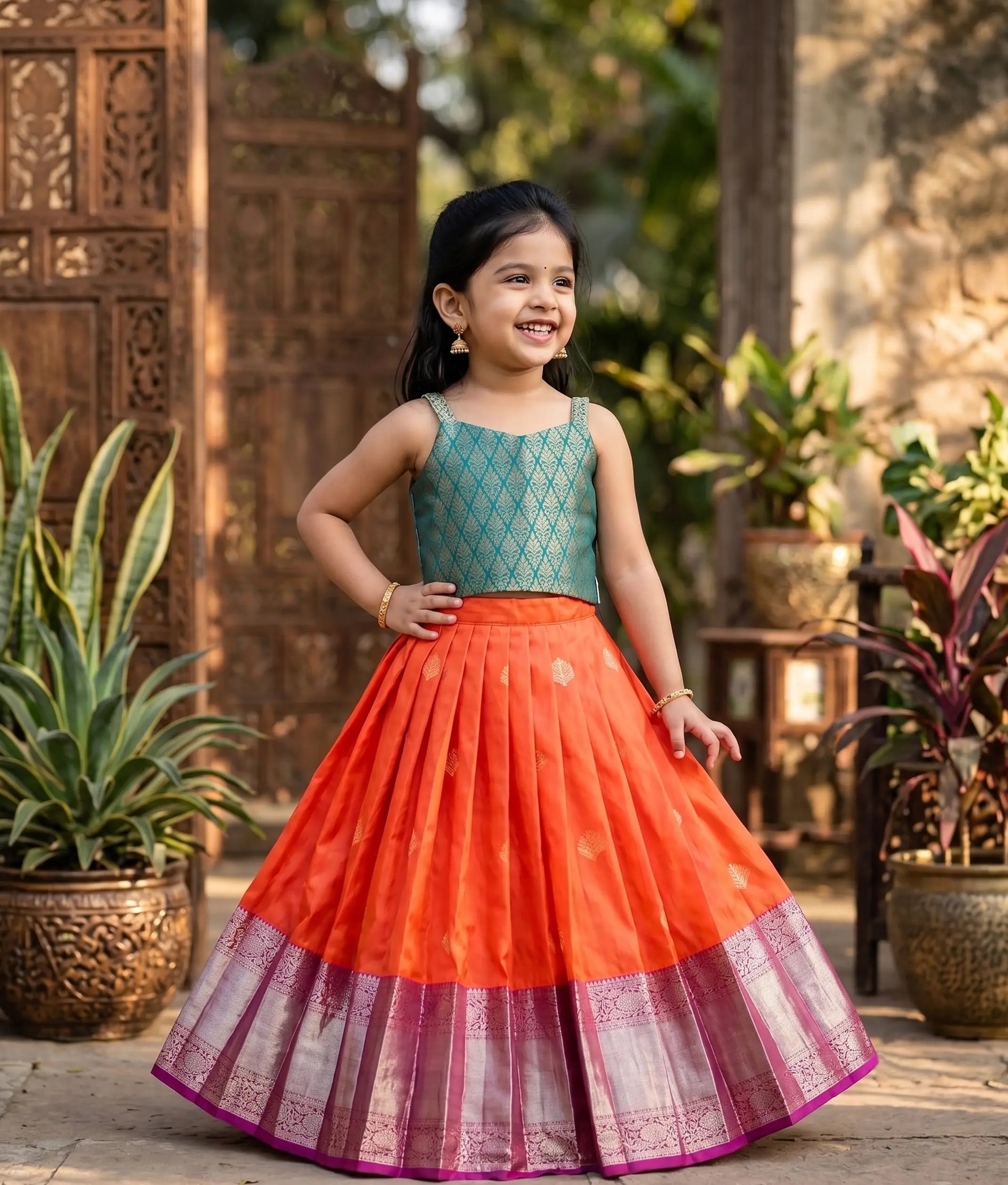 Orange and Green Kanchipuram Silk Skirt and Top for Baby Girl [6407]