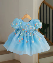 Sky Blue Plain Organza Handwork Flower Theme Birthday Frock For Baby Girl [6408]