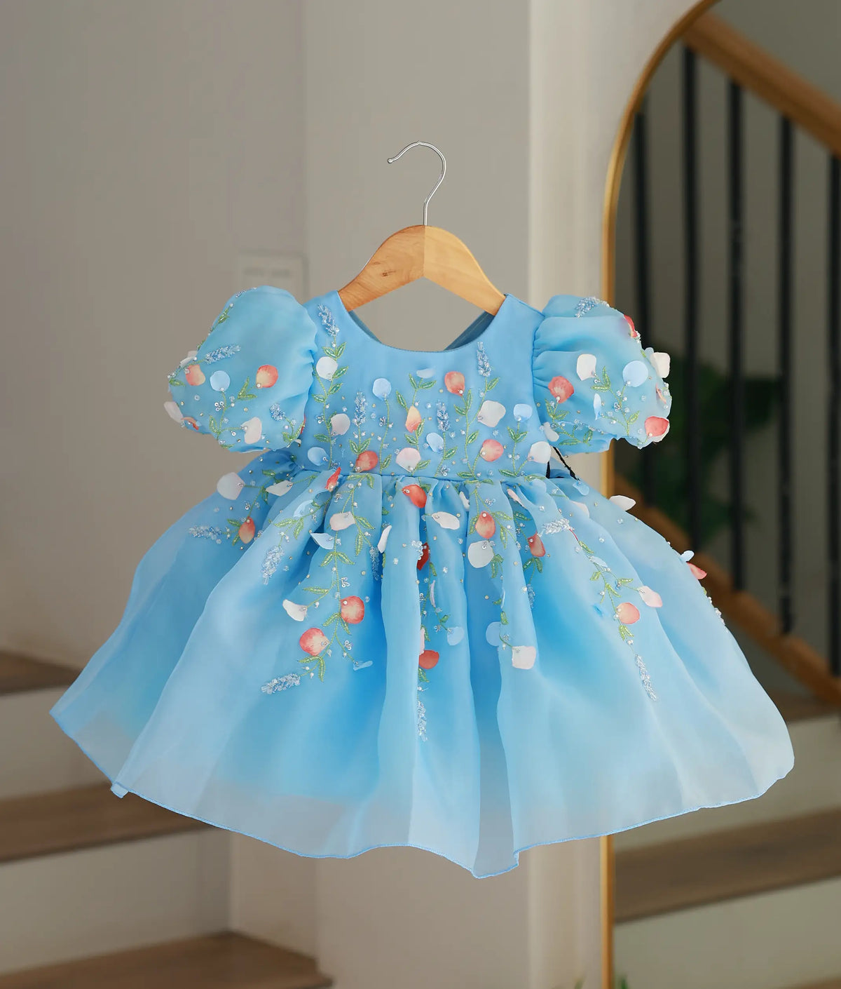 Sky Blue Plain Organza Handwork Flower Theme Birthday Frock For Baby Girl [6408]