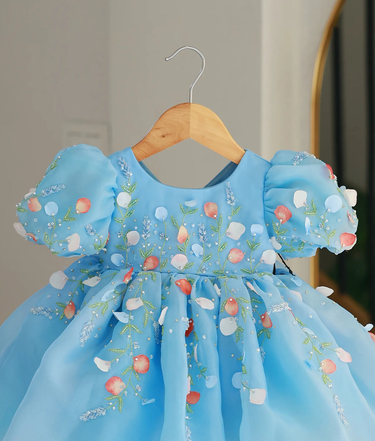 Sky Blue Plain Organza Handwork Flower Theme Birthday Frock For Baby Girl [6408]