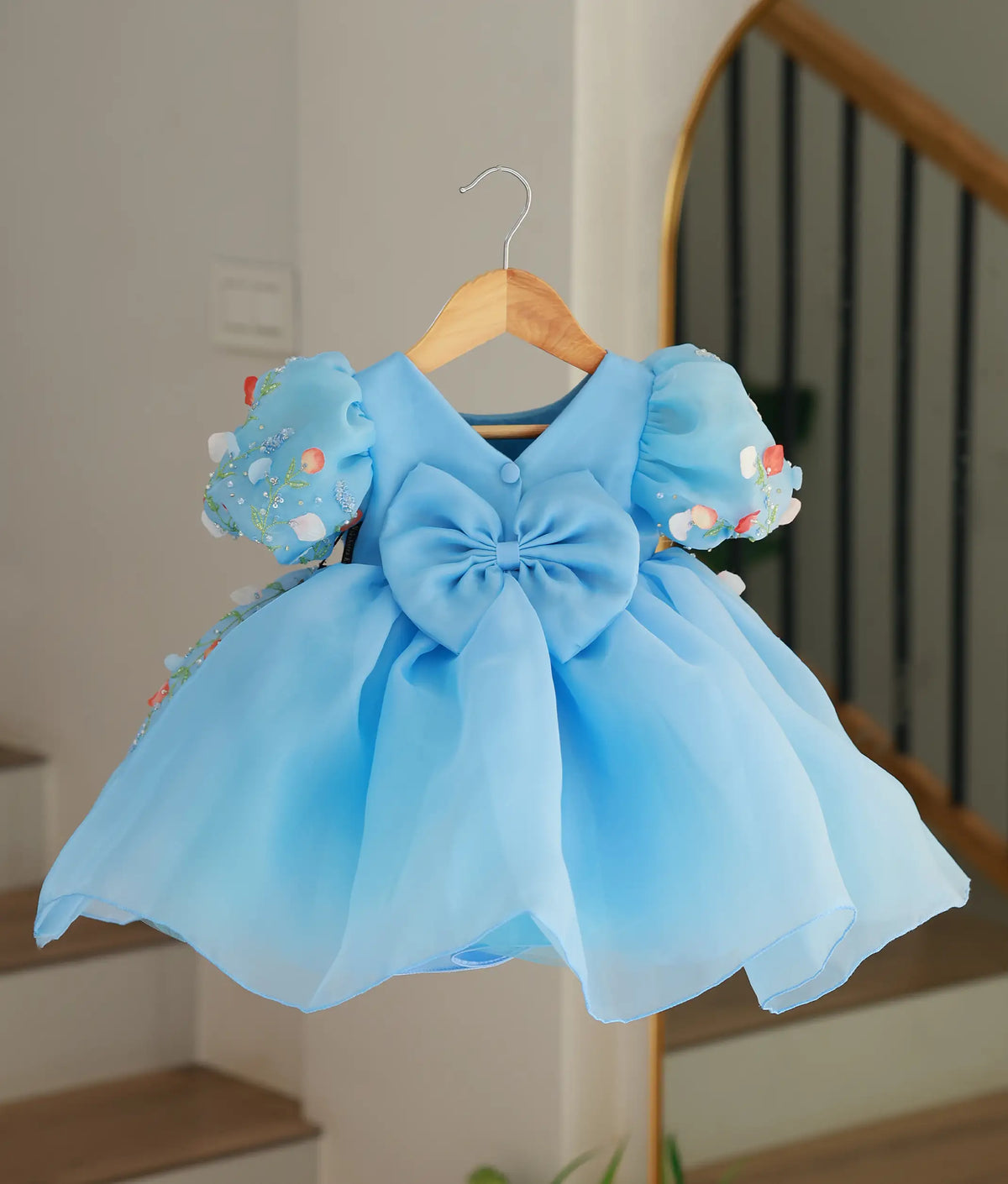 Sky Blue Plain Organza Handwork Flower Theme Birthday Frock For Baby Girl [6408]