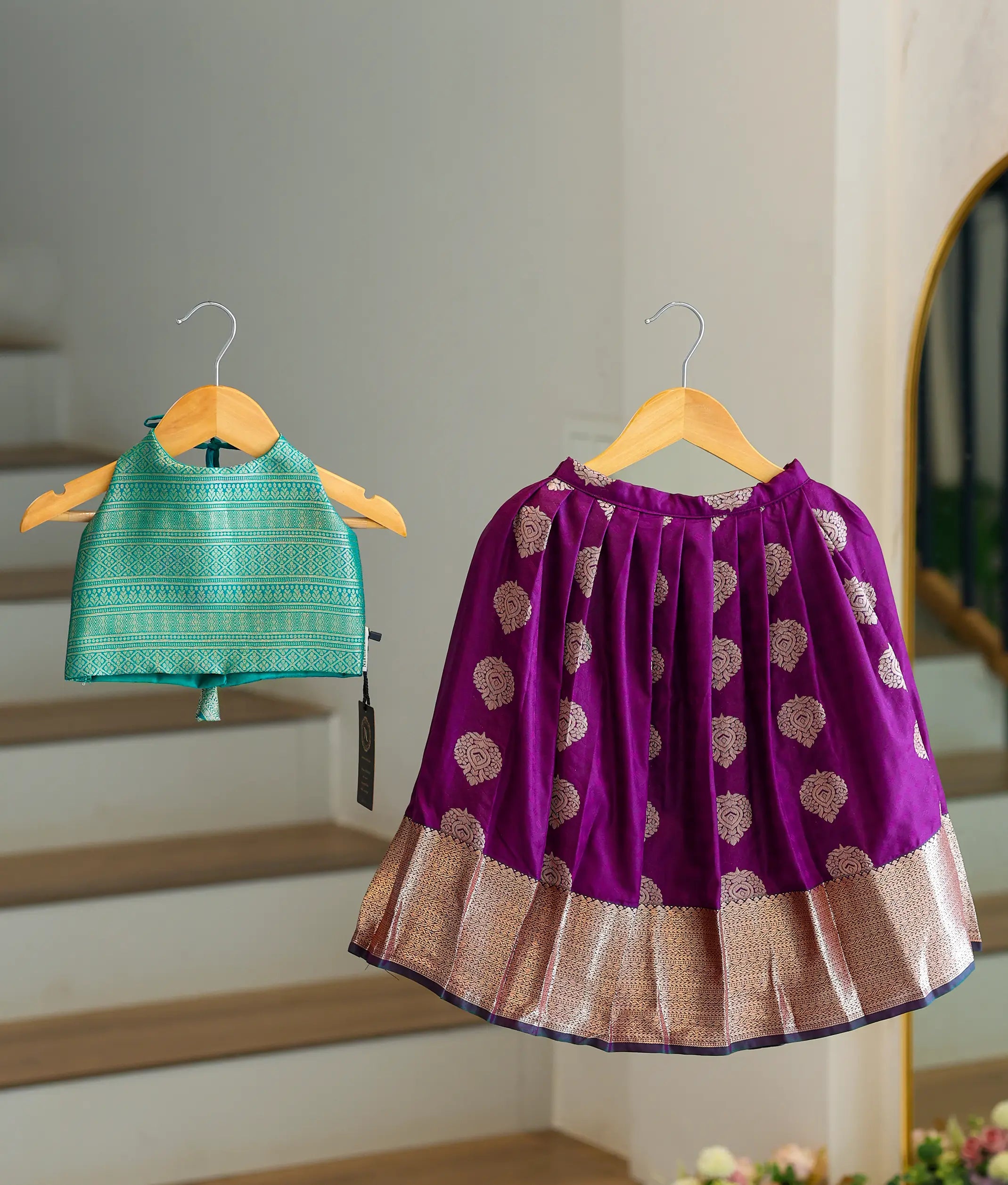 Royal Purple and Green Kanchipuram Silk Skirt and Top for Baby Girl [6412]