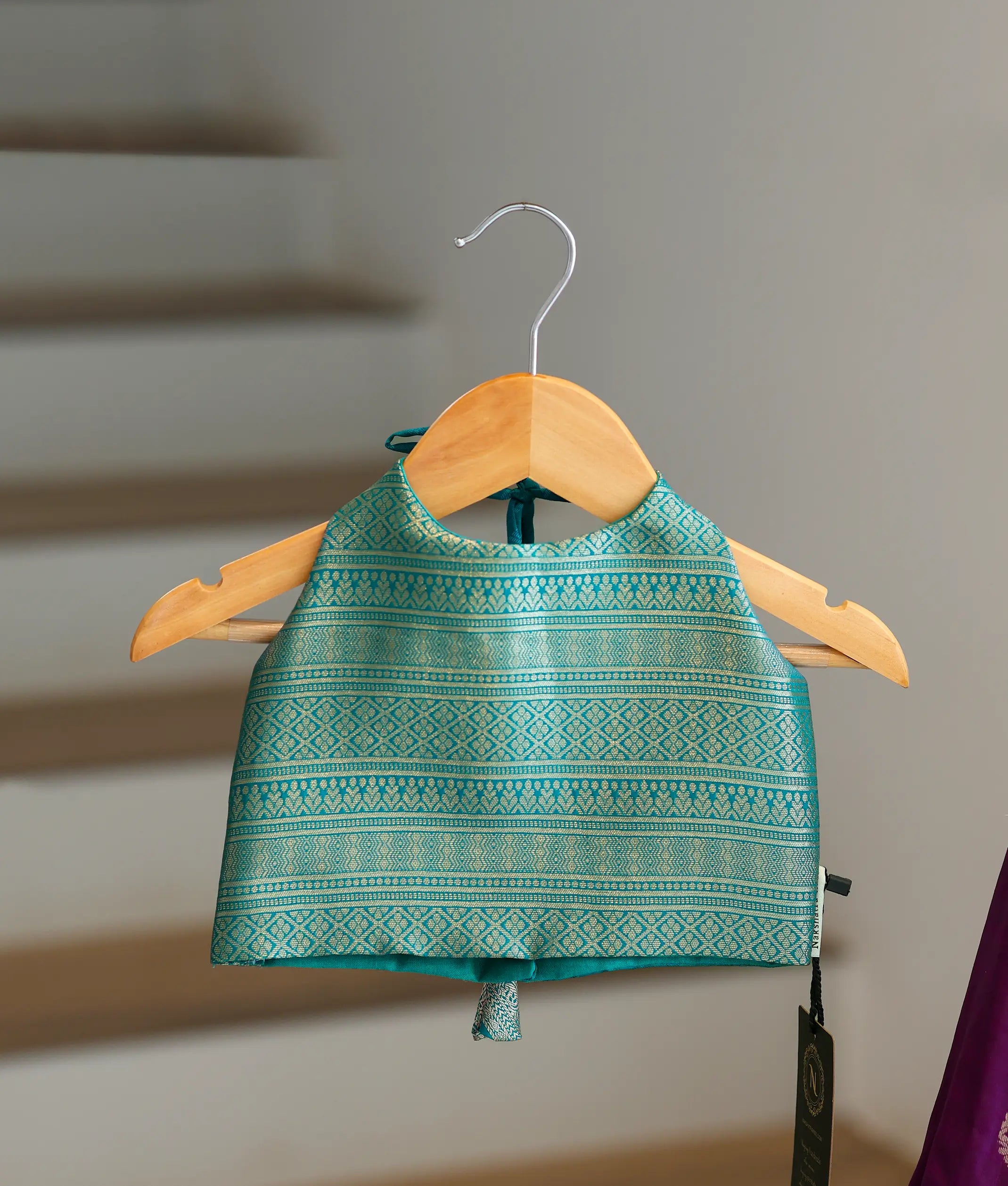Royal Purple and Green Kanchipuram Silk Skirt and Top for Baby Girl [6412]