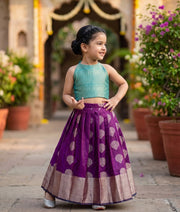Royal Purple and Green Kanchipuram Silk Skirt and Top for Baby Girl [6412]