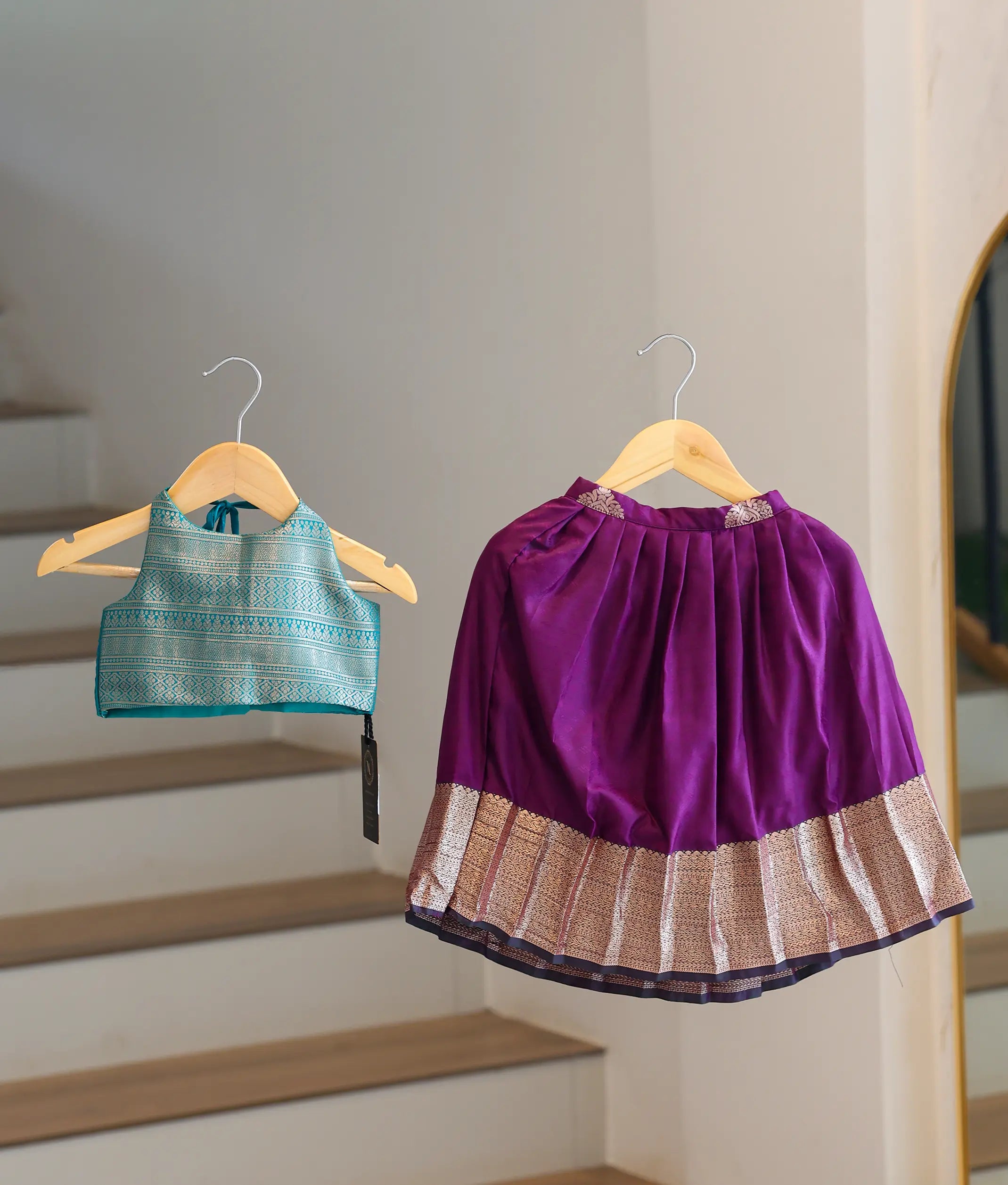 Royal Purple and Green Kanchipuram Silk Skirt and Top for Baby Girl [6412A]