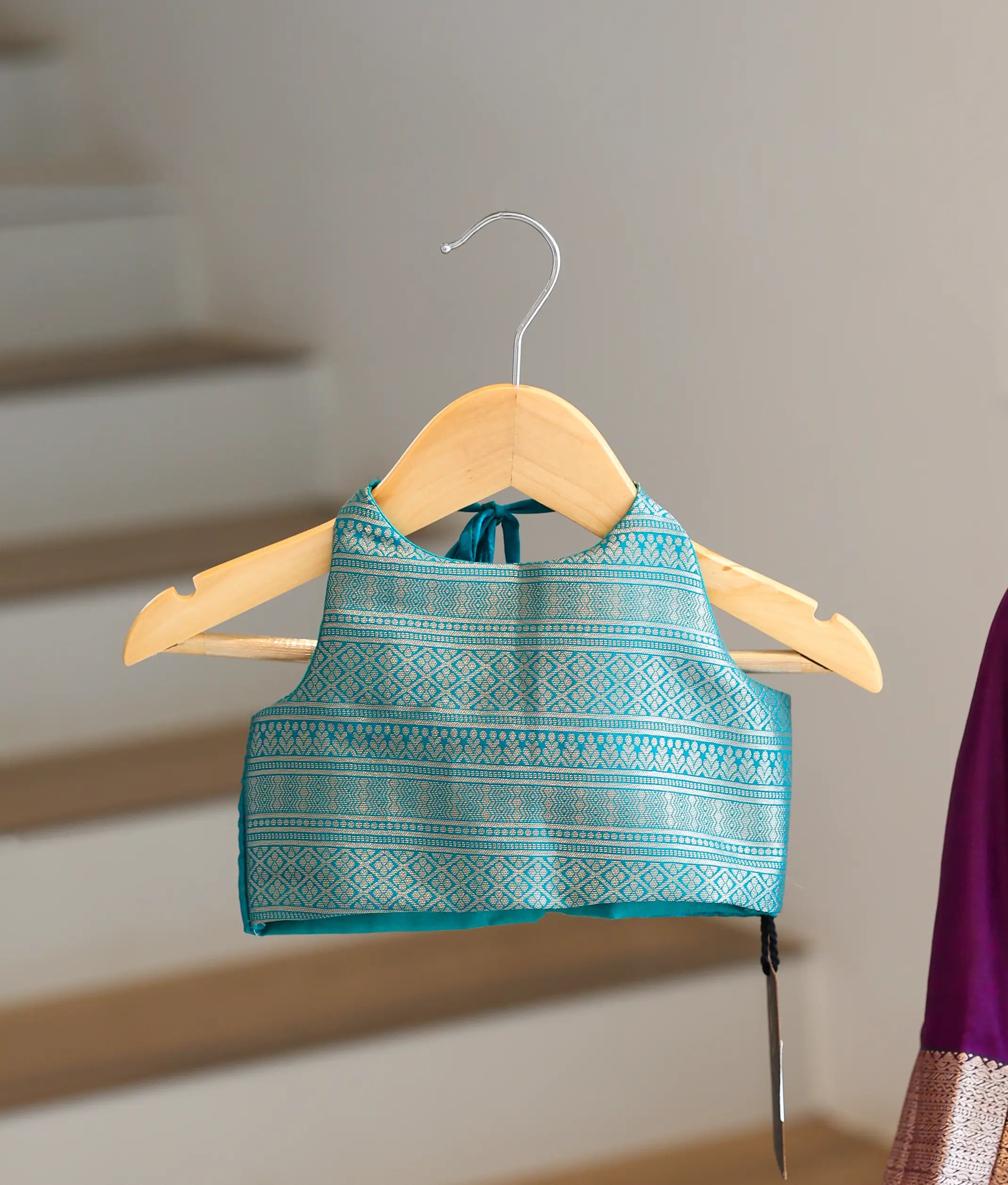 Royal Purple and Green Kanchipuram Silk Skirt and Top for Baby Girl [6412A]