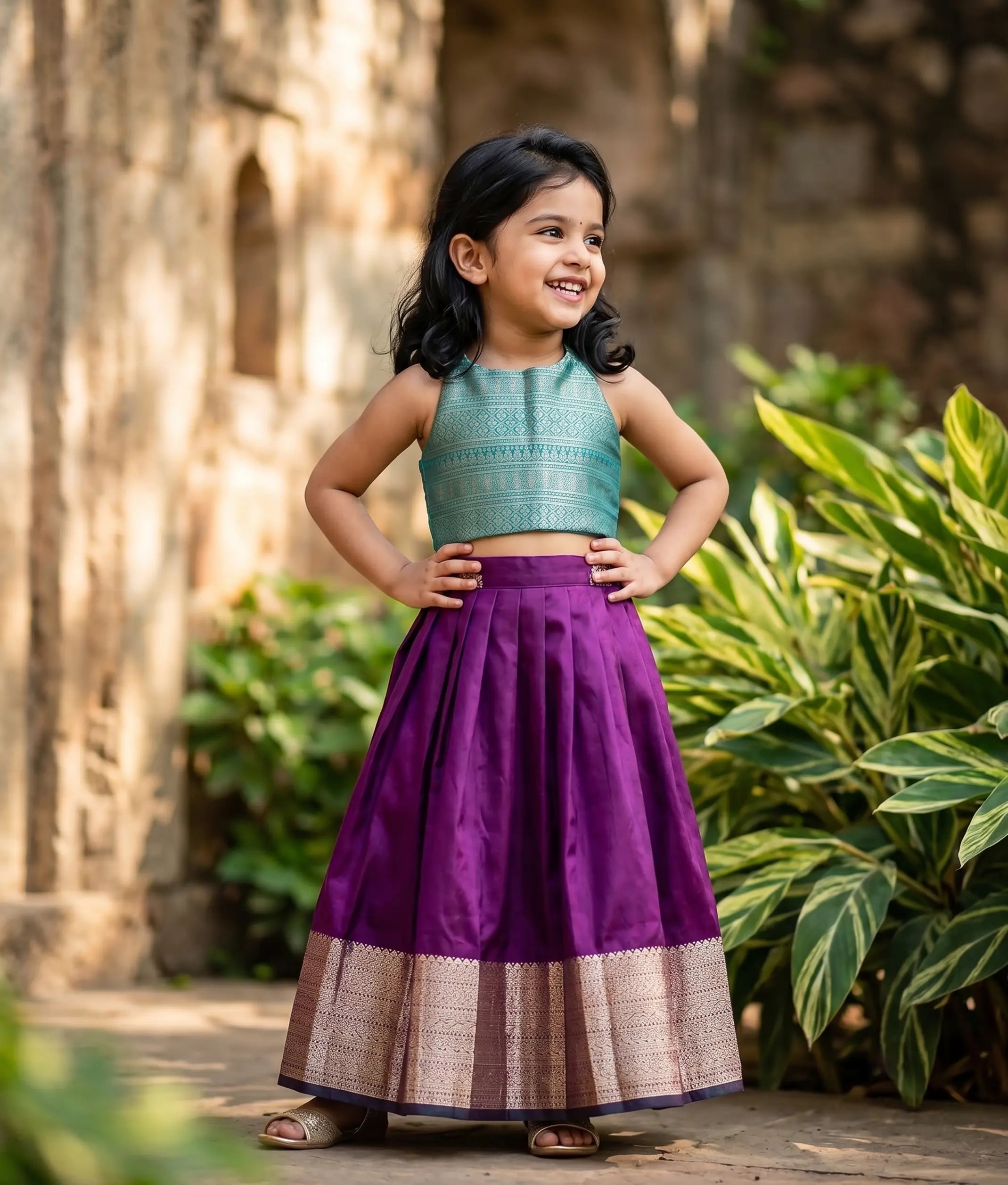 Royal Purple and Green Kanchipuram Silk Skirt and Top for Baby Girl [6412A]