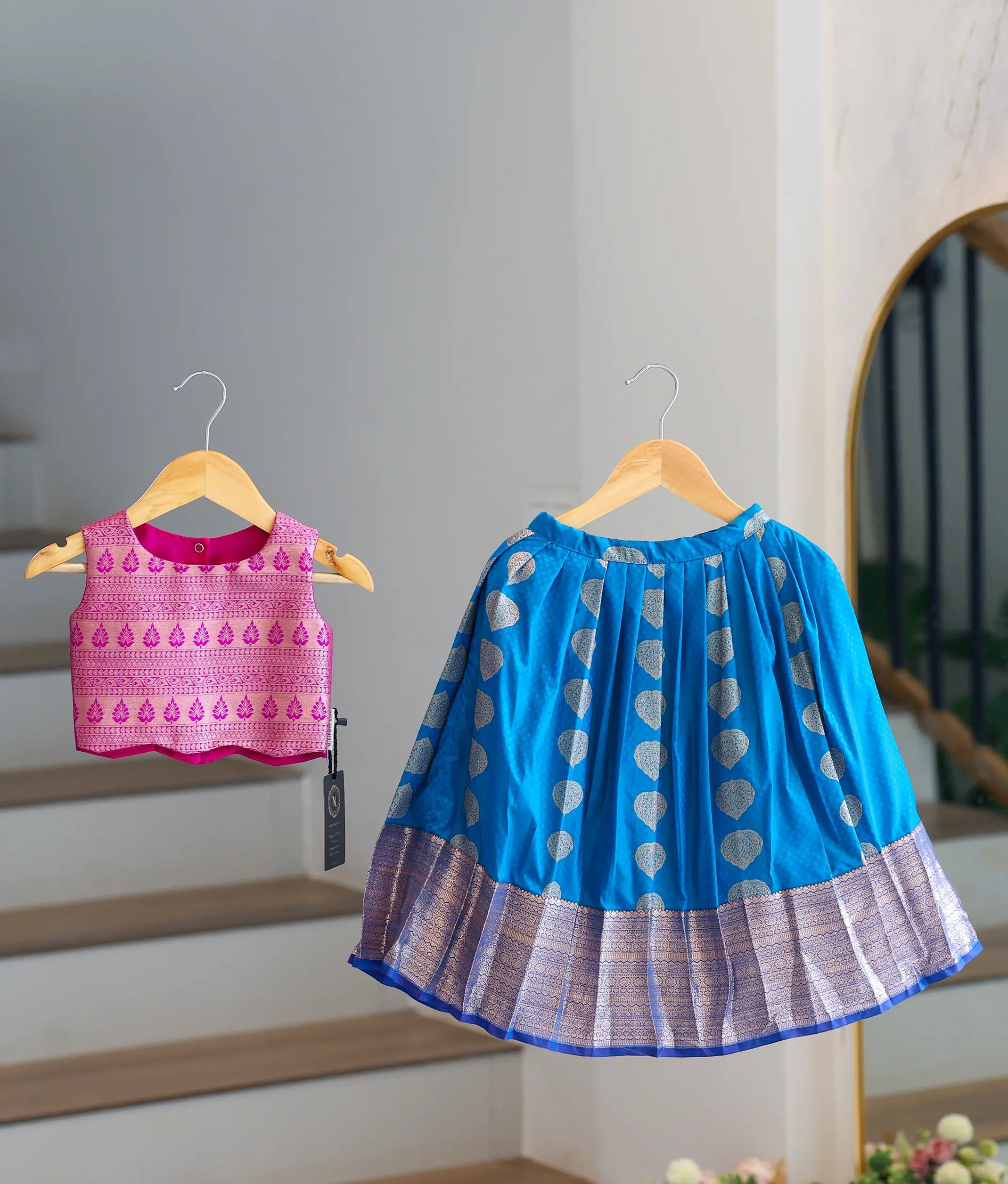 Blue And Pink Kanchipuram Silk Skirt and Top for Baby Girl [6413]