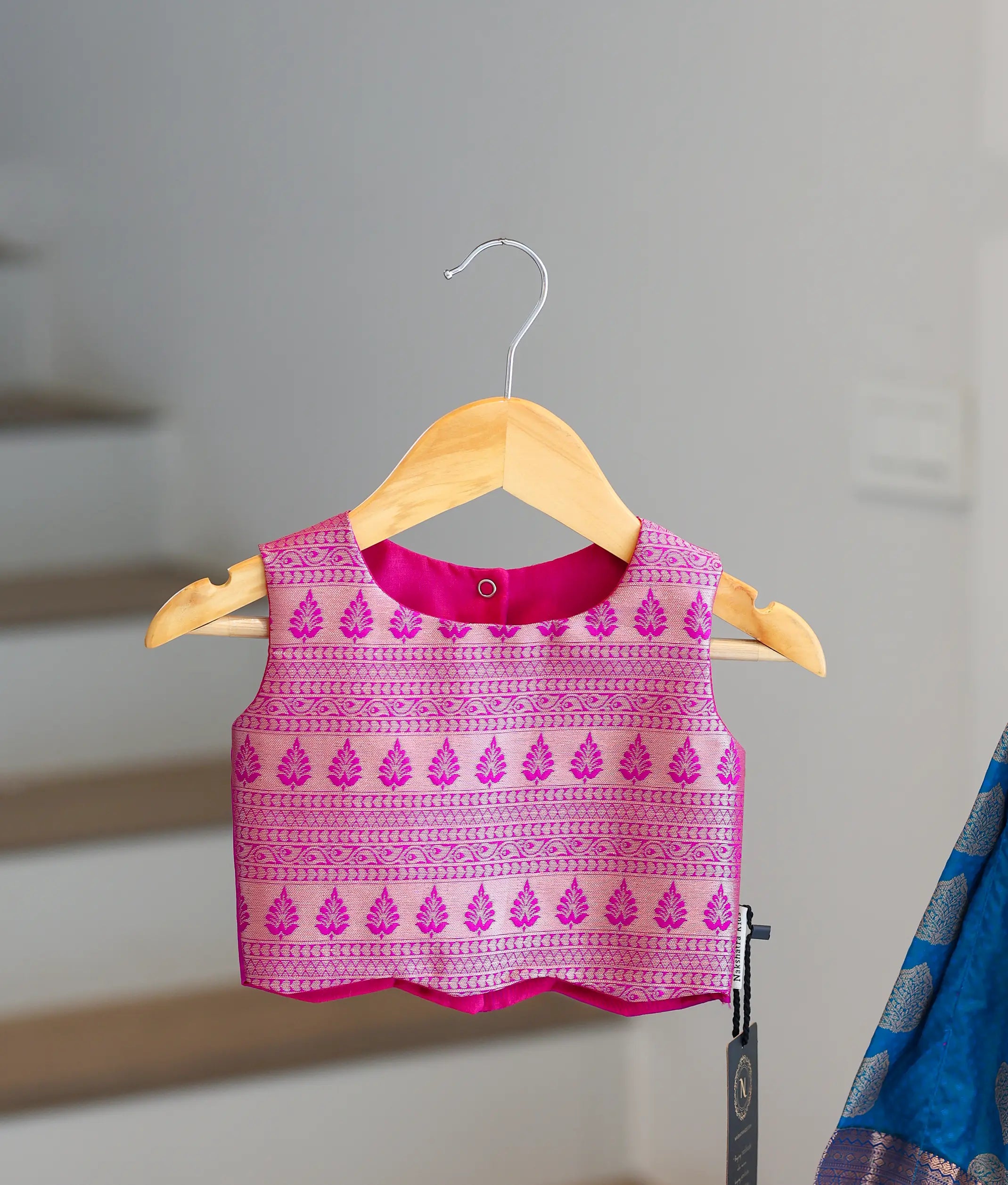 Blue And Pink Kanchipuram Silk Skirt and Top for Baby Girl [6413]