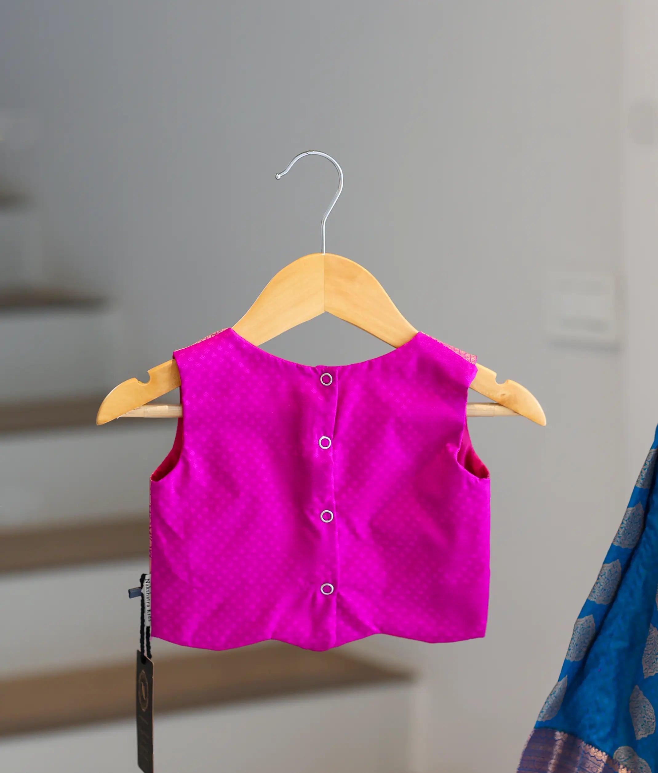 Blue And Pink Kanchipuram Silk Skirt and Top for Baby Girl [6413]