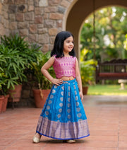 Blue And Pink Kanchipuram Silk Skirt and Top for Baby Girl [6413]
