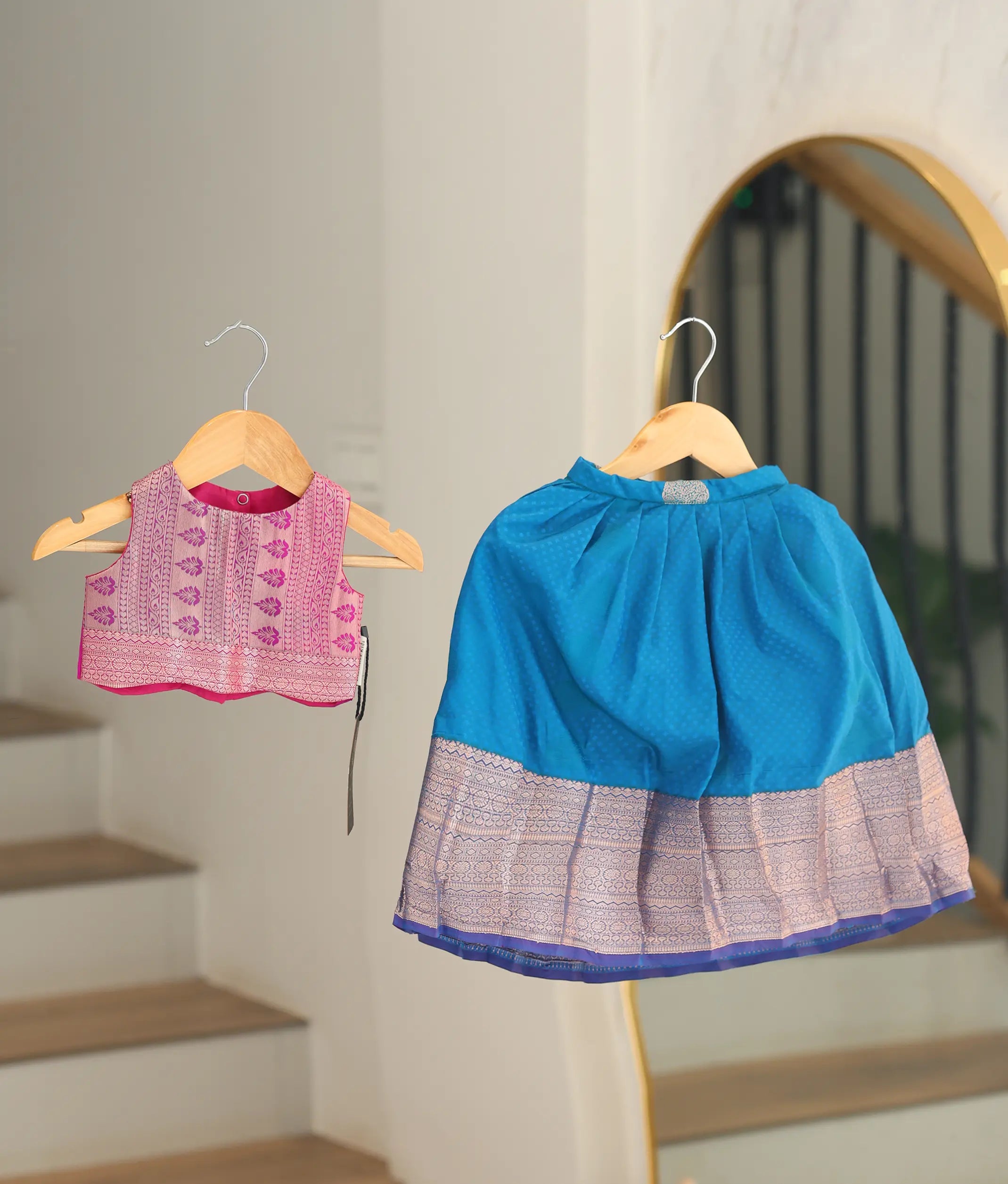 Pink and Blue Kanchipuram Skirt and Top for Baby Girl [6413A]