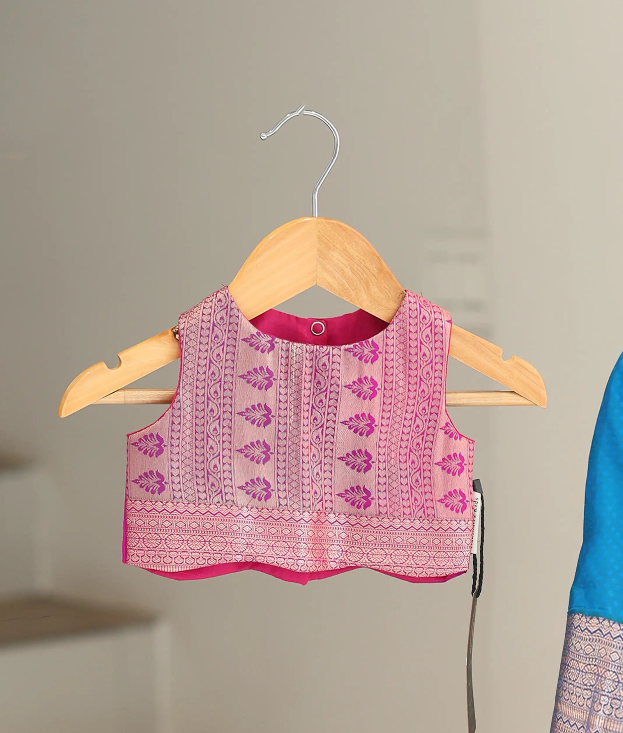 Pink and Blue Kanchipuram Skirt and Top for Baby Girl [6413A]