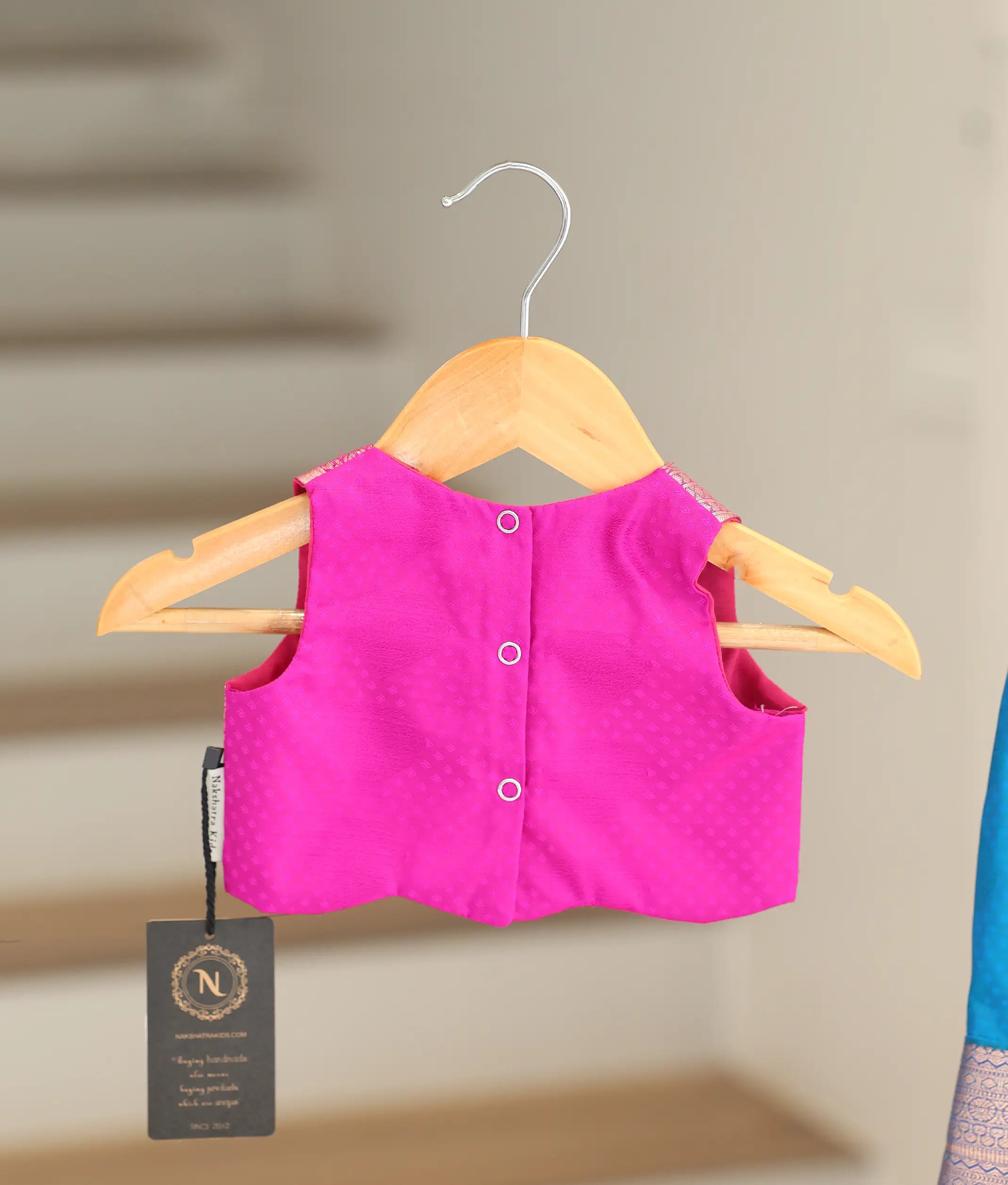 Pink and Blue Kanchipuram Skirt and Top for Baby Girl [6413A]