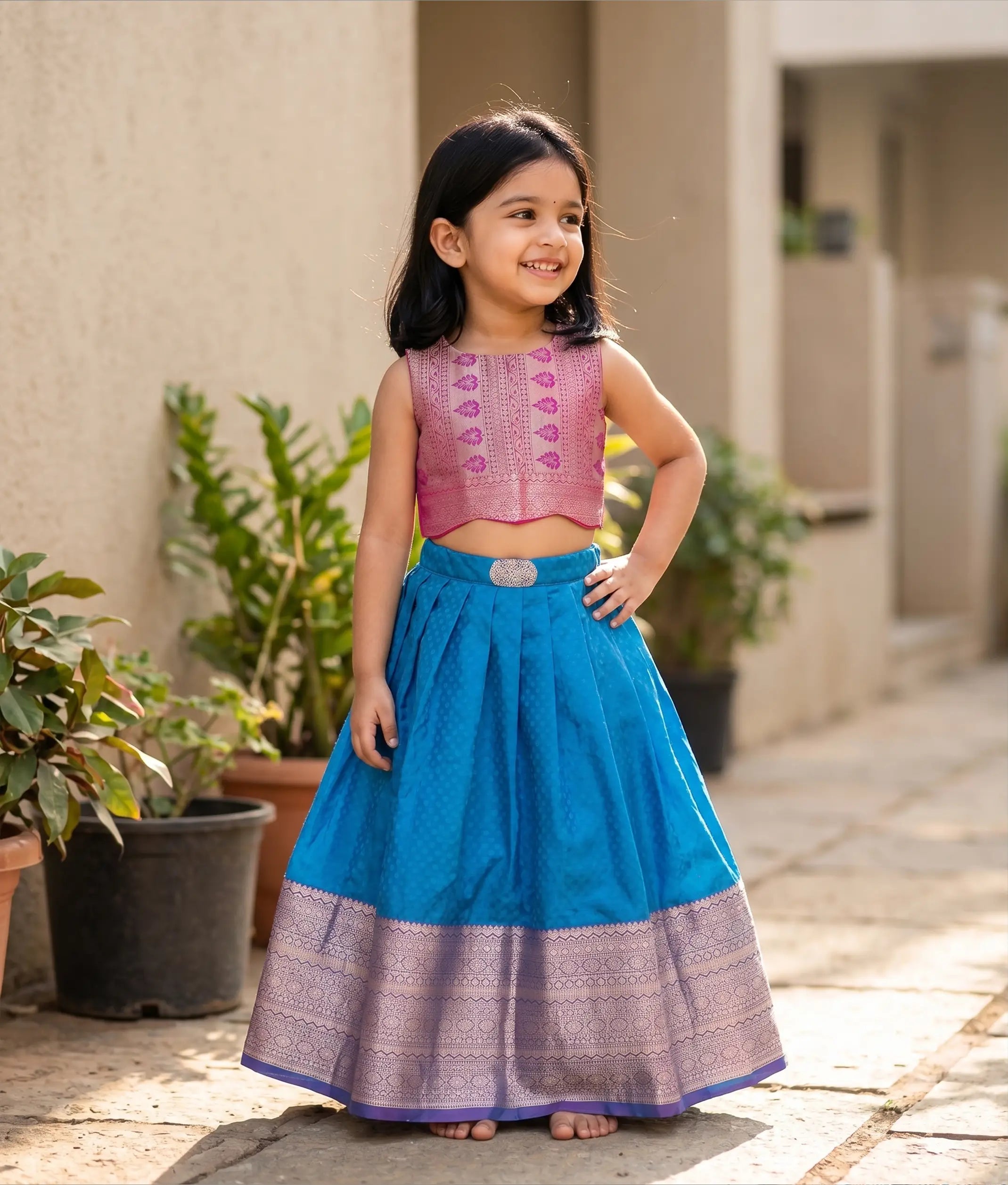 Pink and Blue Kanchipuram Skirt and Top for Baby Girl [6413A]