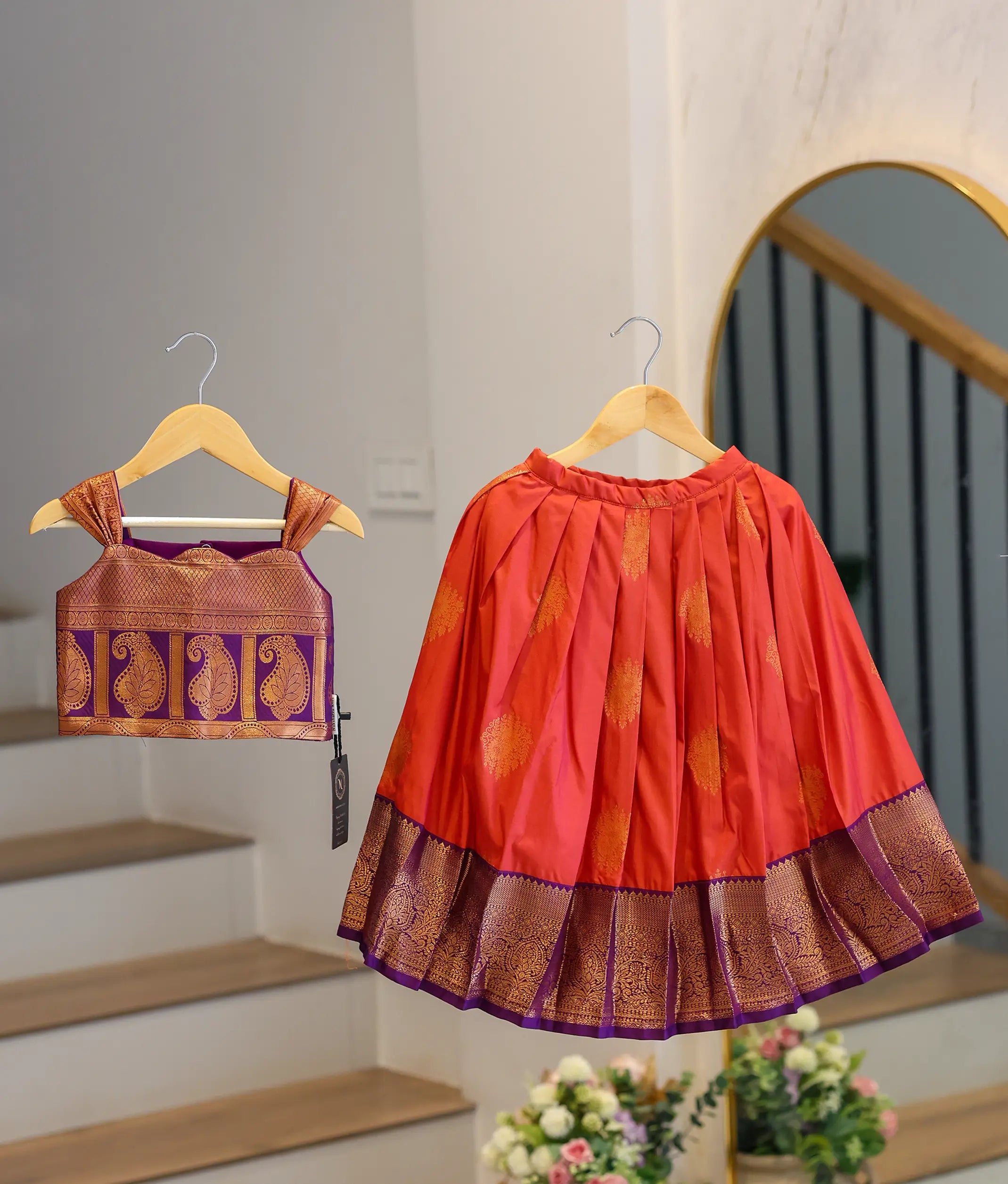 Orange and Purple Kanchipuram Silk Skirt and Top for Baby Girl [6414]