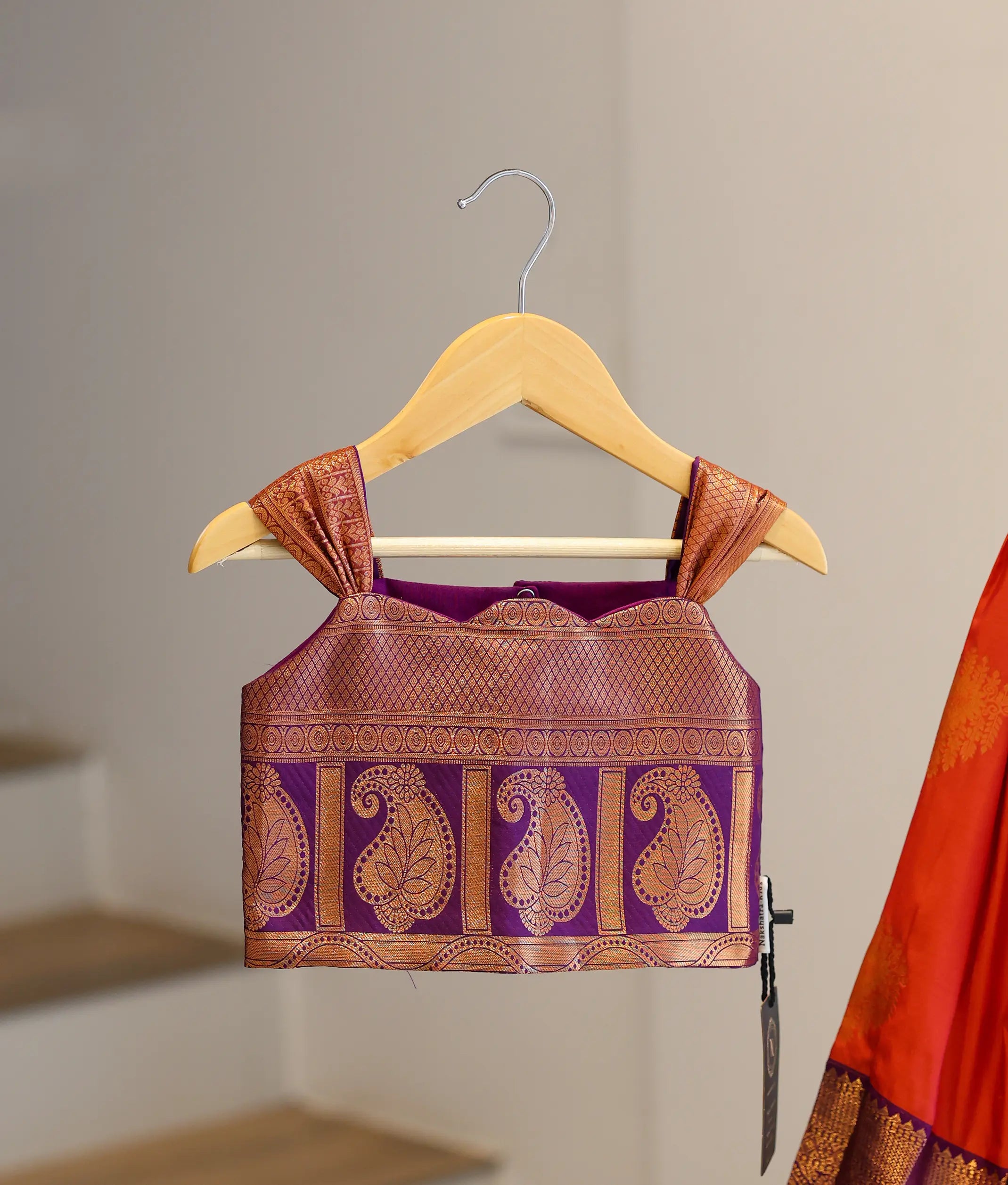 Orange and Purple Kanchipuram Silk Skirt and Top for Baby Girl [6414]