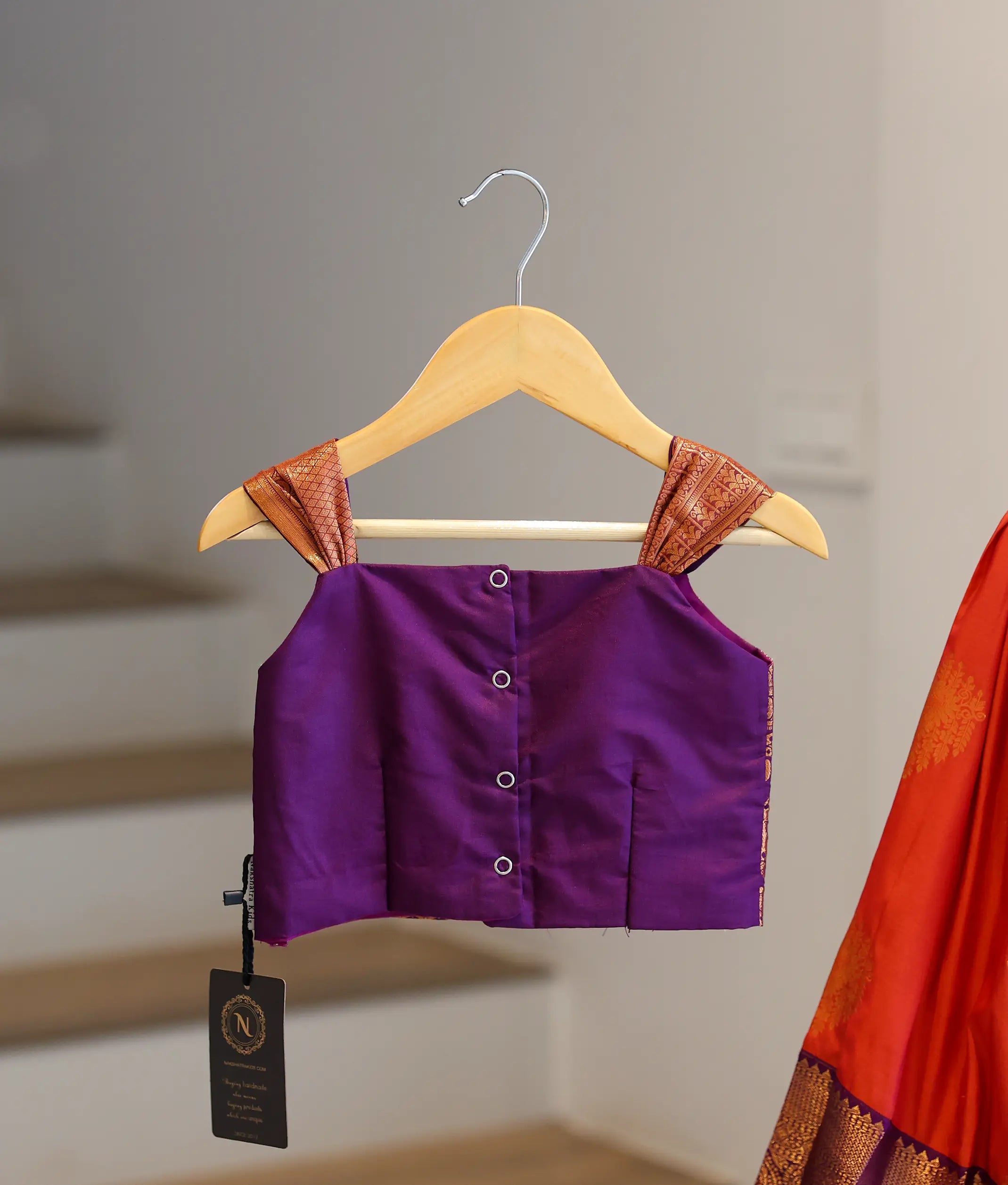 Orange and Purple Kanchipuram Silk Skirt and Top for Baby Girl [6414]