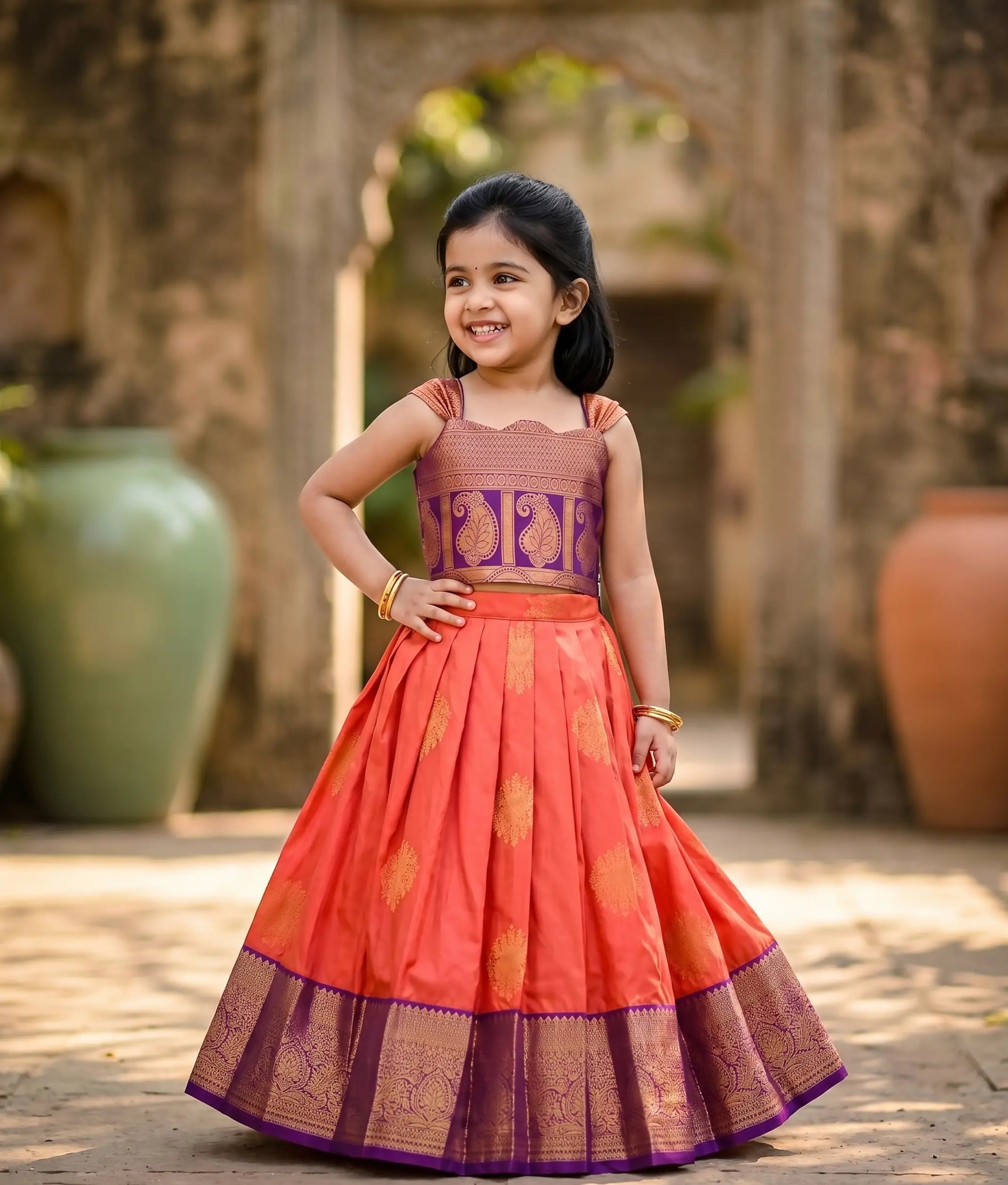 Orange and Purple Kanchipuram Silk Skirt and Top for Baby Girl [6414]