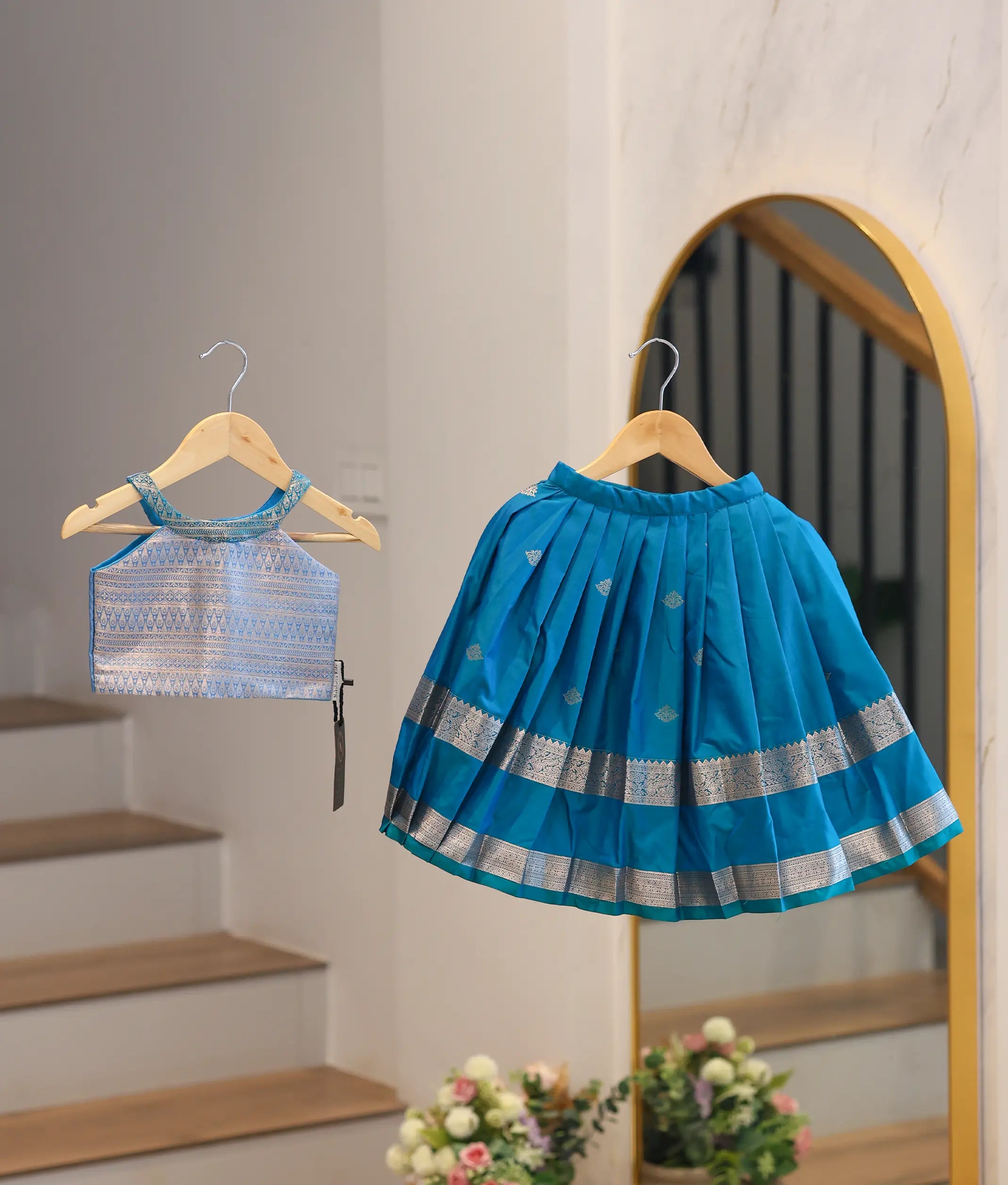 Teal Blue Kanchipuram Silk Skirt and Top for Baby Girl [6415]