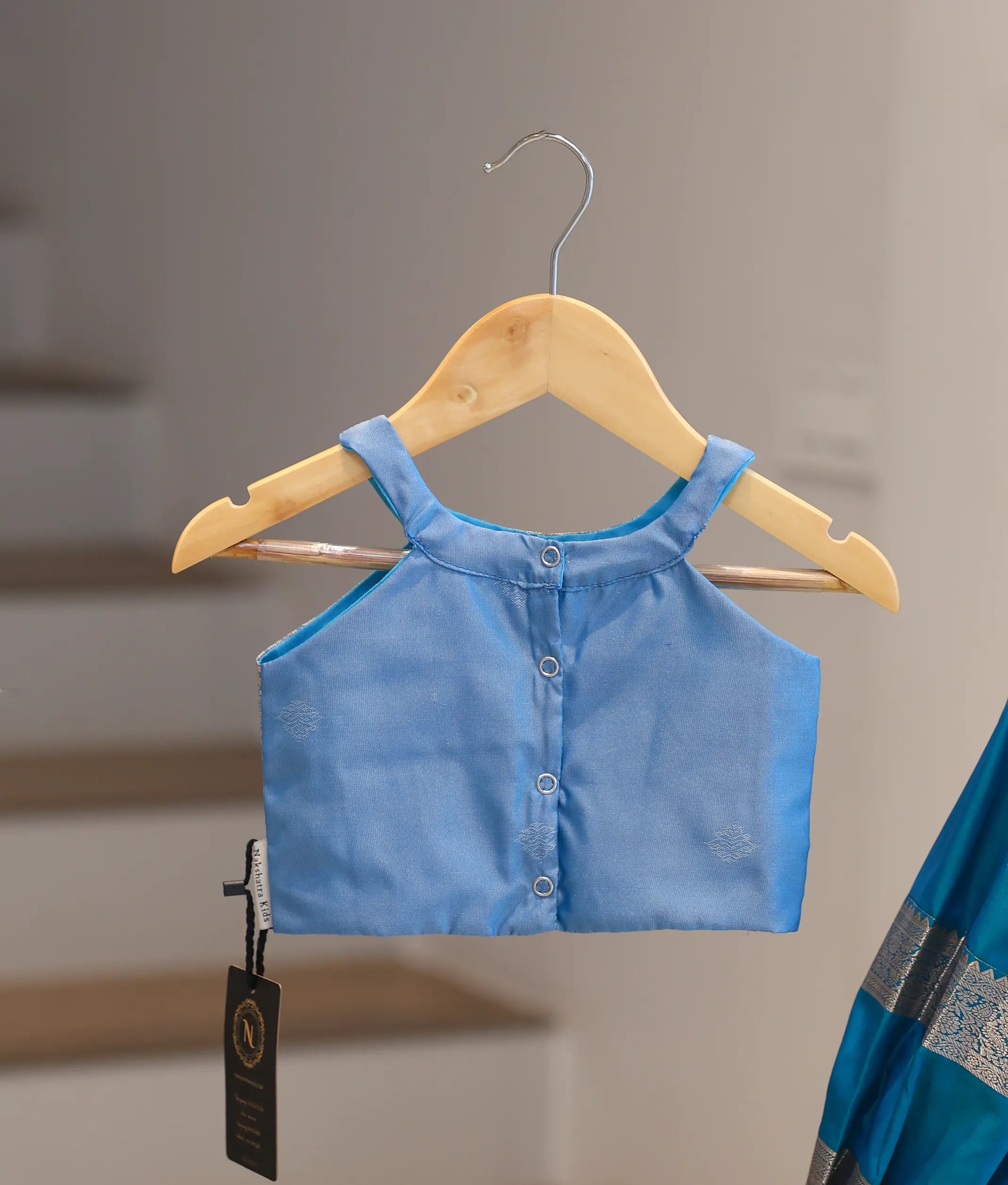Teal Blue Kanchipuram Silk Skirt and Top for Baby Girl [6415]