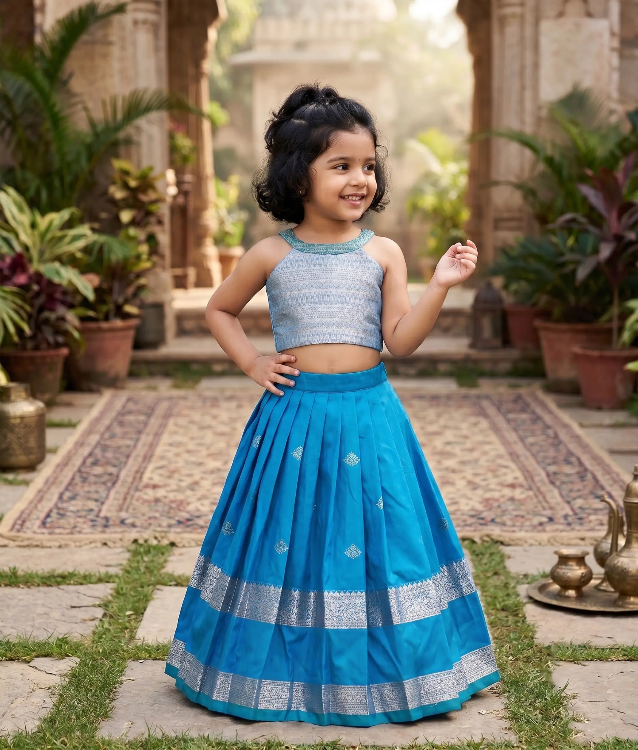 Teal Blue Kanchipuram Silk Skirt and Top for Baby Girl [6415]