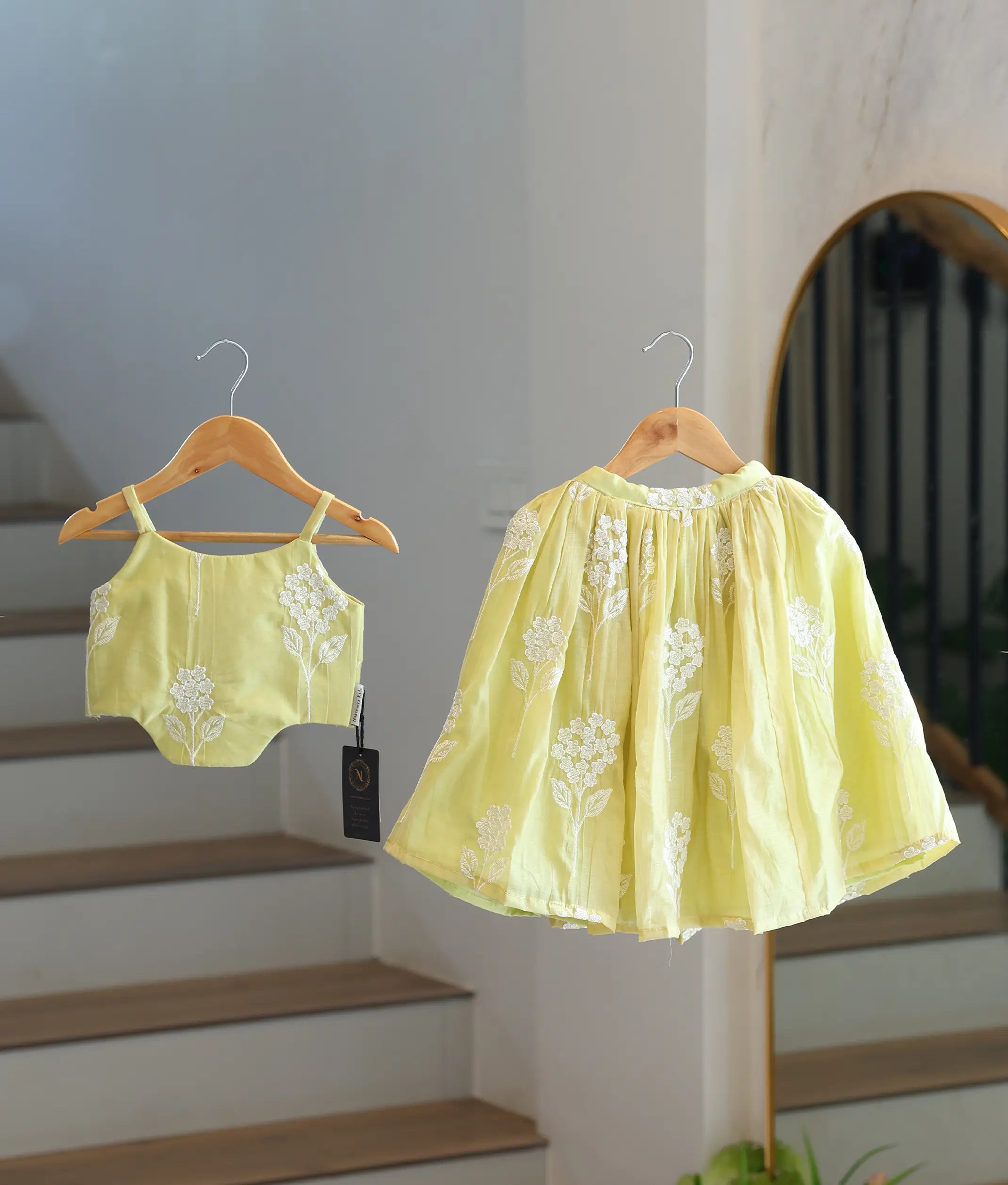 Pale Lime Yellow Mul Chanderi Embroidered Skirt and Top for Baby Girl [6418]