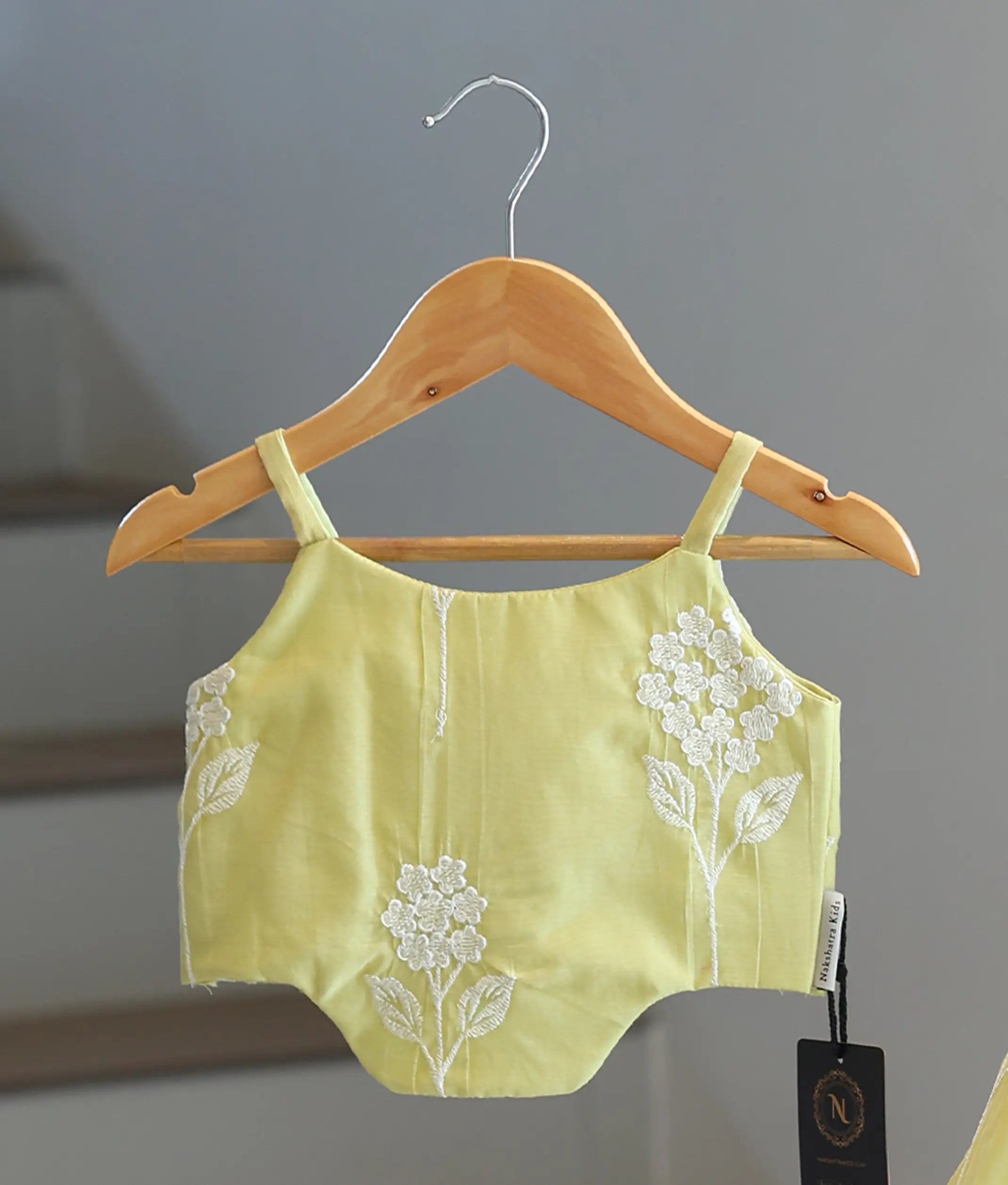 Pale Lime Yellow Mul Chanderi Embroidered Skirt and Top for Baby Girl [6418]