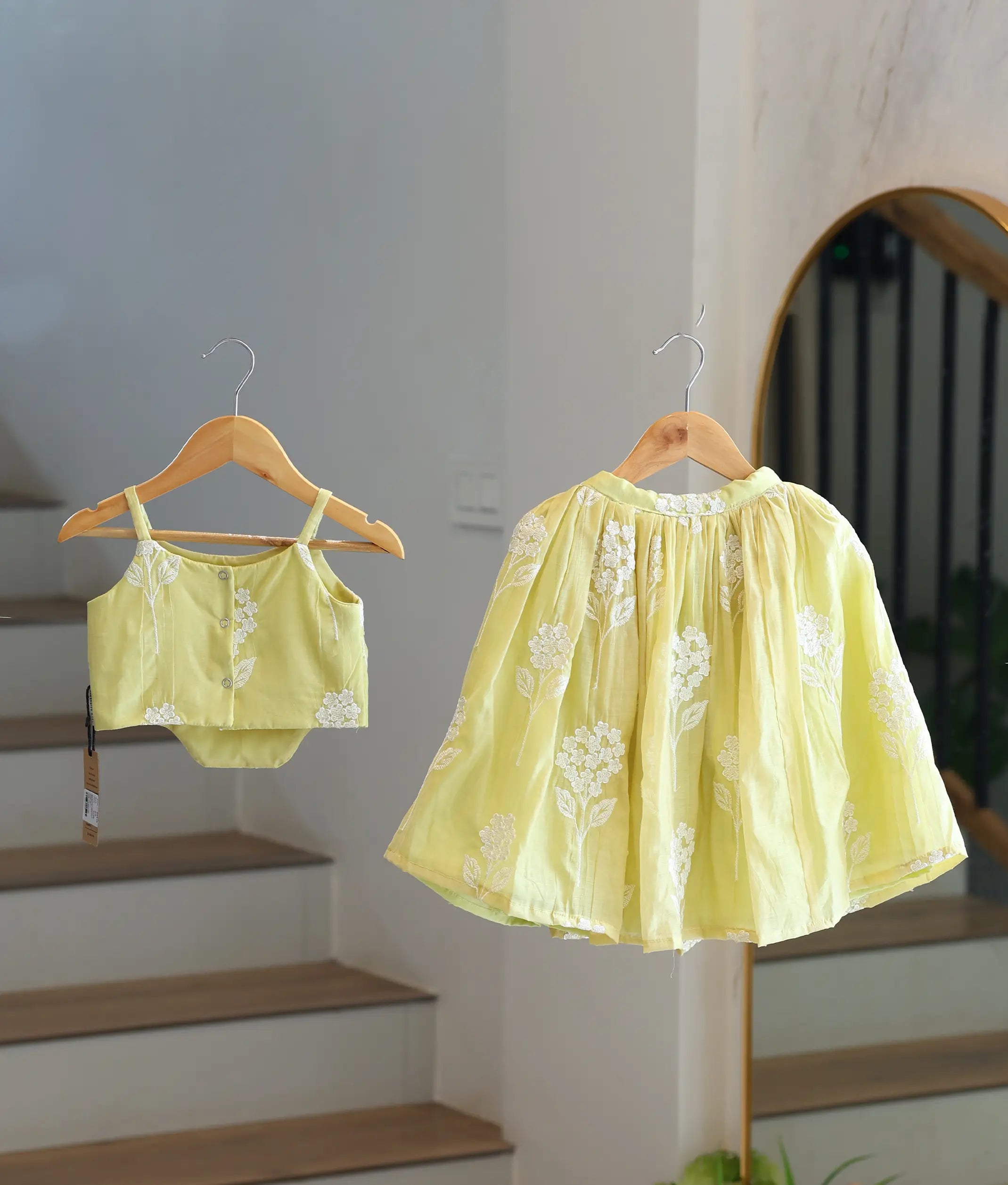 Pale Lime Yellow Mul Chanderi Embroidered Skirt and Top for Baby Girl [6418]