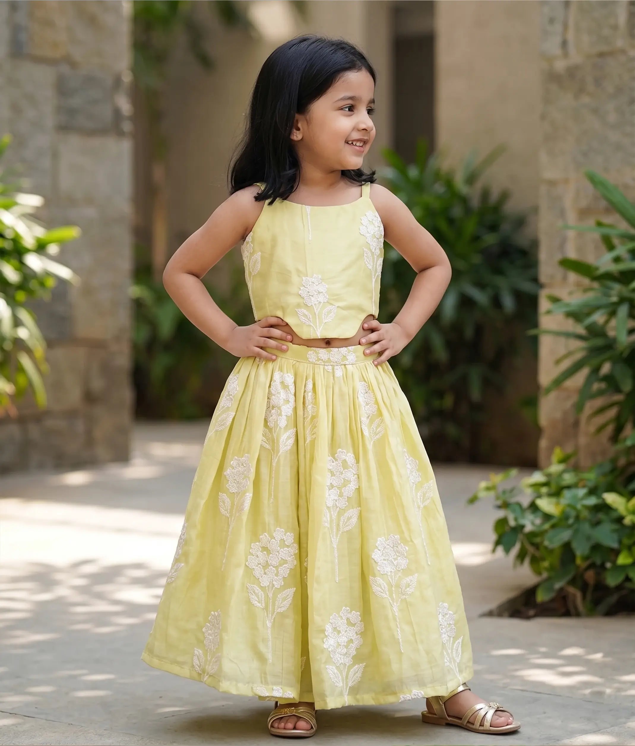 Pale Lime Yellow Mul Chanderi Embroidered Skirt and Top for Baby Girl [6418]