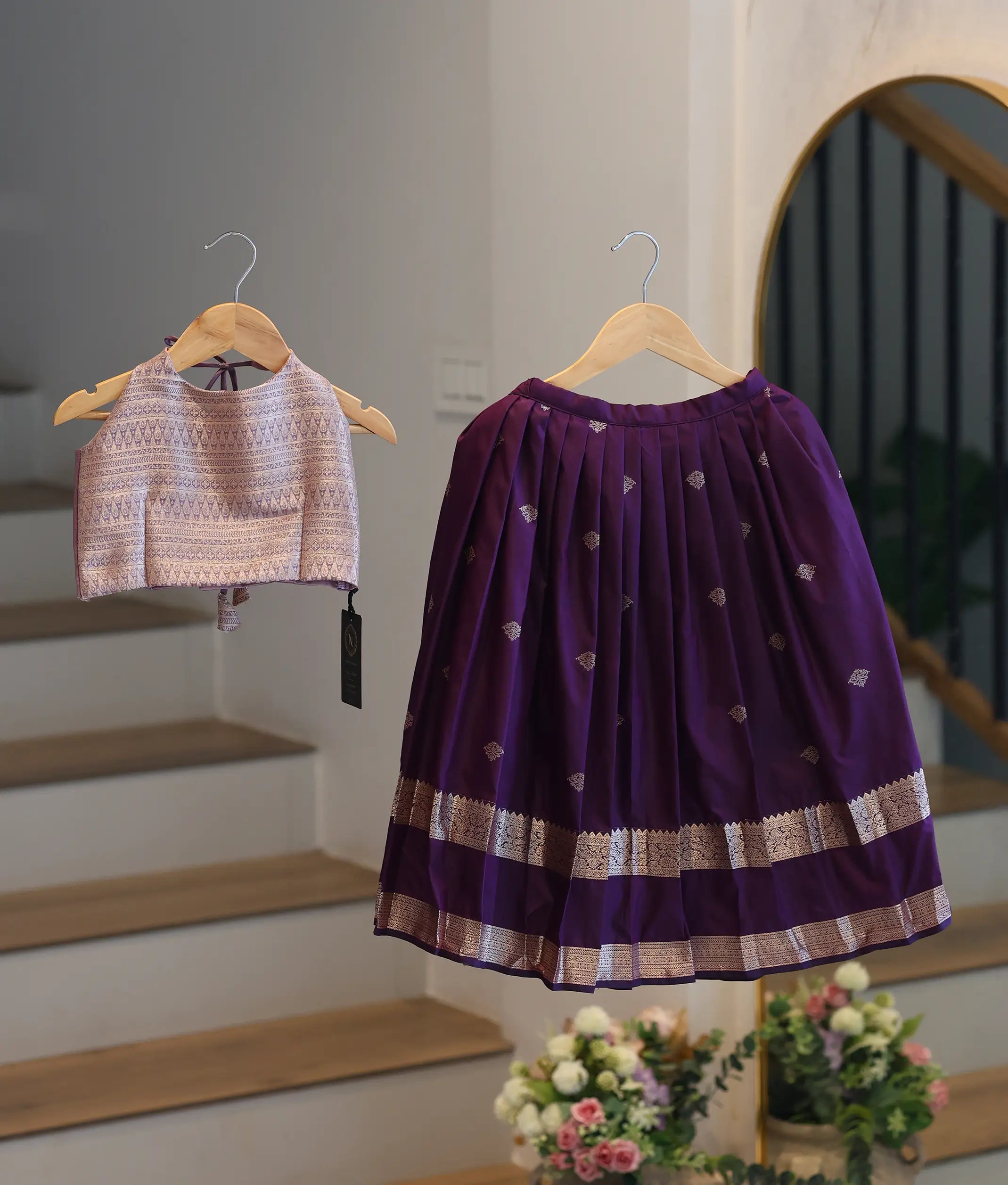 Dark Purple and Lilac Kanchipuram Silk Skirt and Top for Baby Girl [6419]