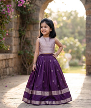 Dark Purple and Lilac Kanchipuram Silk Skirt and Top for Baby Girl [6419]