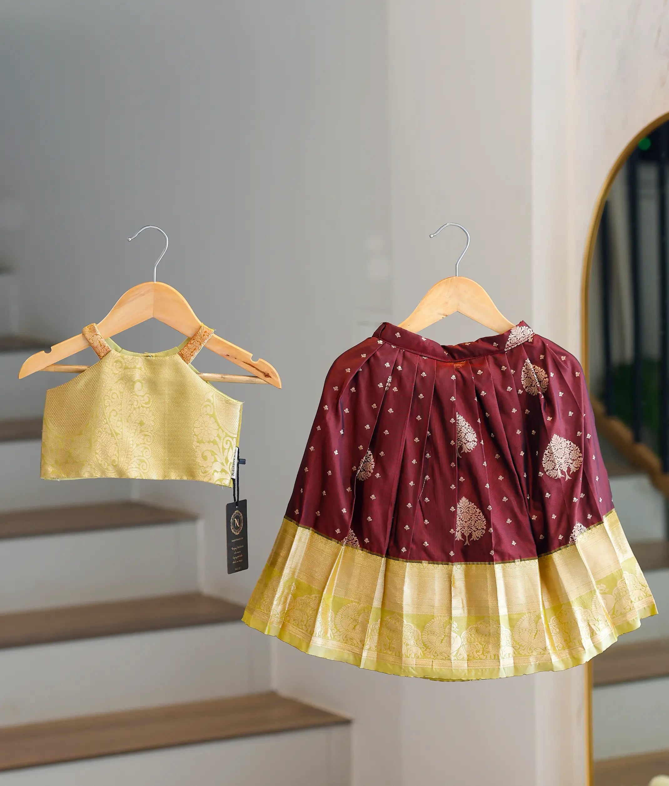 Maroon and Gold Kanchipuram Silk Skirt and Top for Baby Girl [6420]
