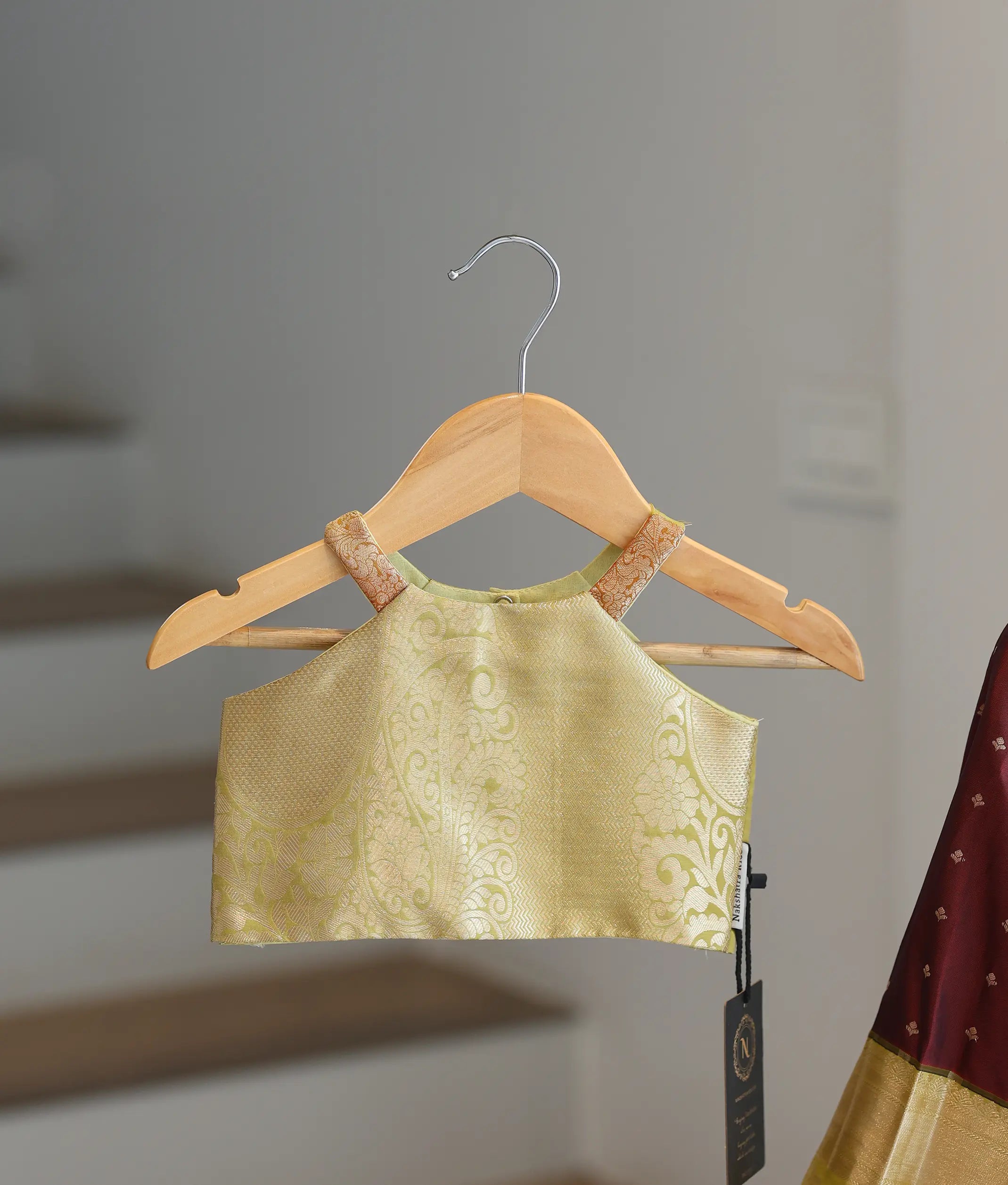 Maroon and Gold Kanchipuram Silk Skirt and Top for Baby Girl [6420]