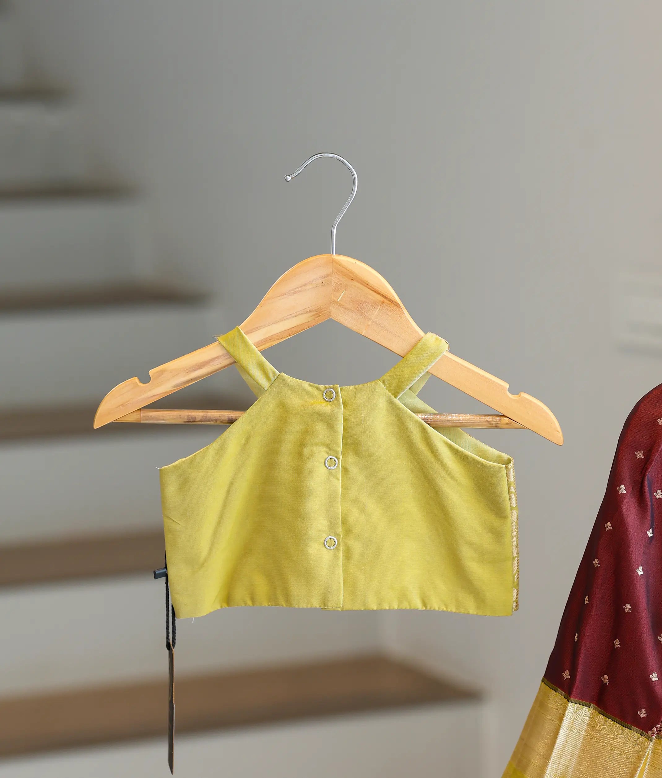 Maroon and Gold Kanchipuram Silk Skirt and Top for Baby Girl [6420]