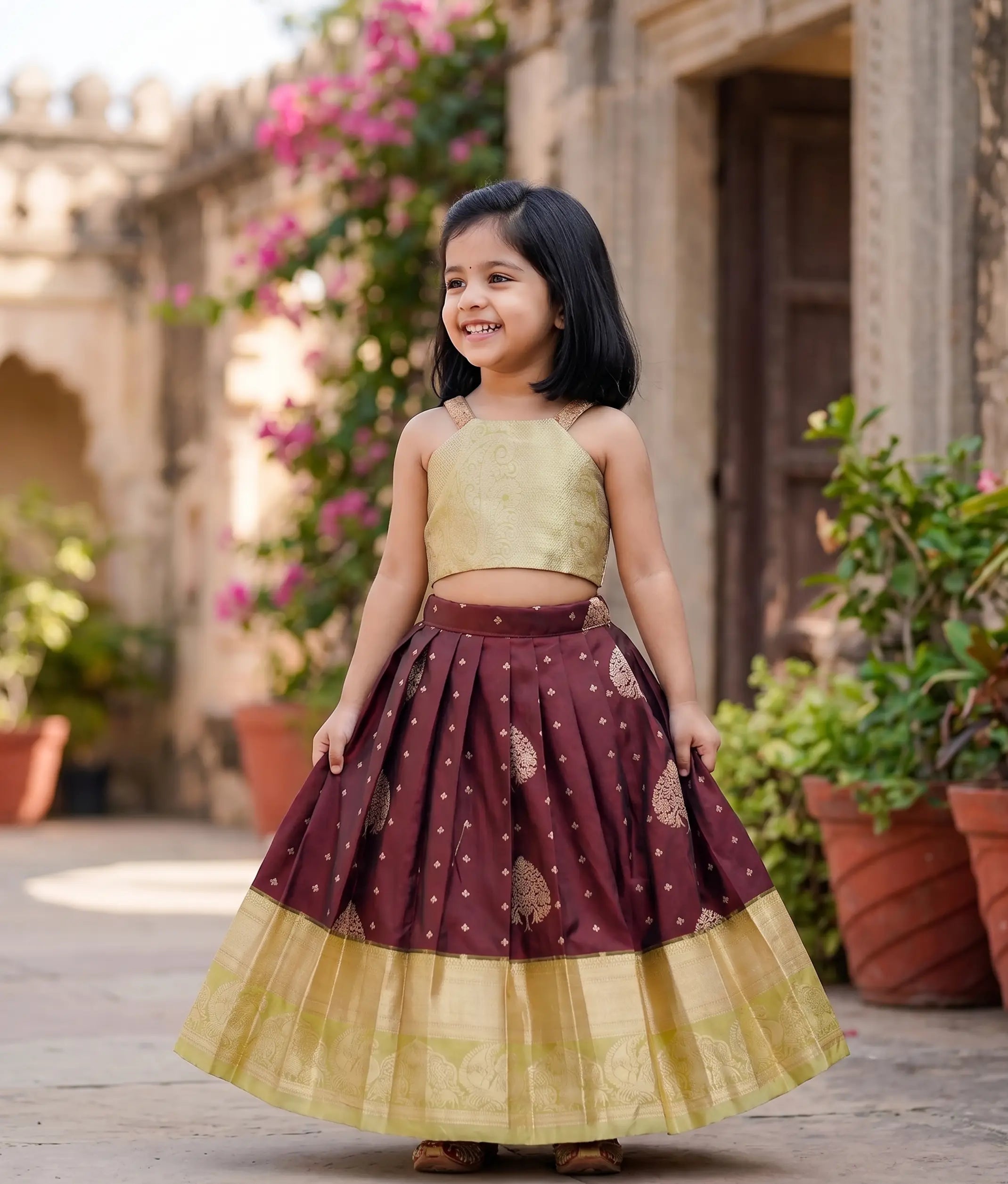 Maroon and Gold Kanchipuram Silk Skirt and Top for Baby Girl [6420]