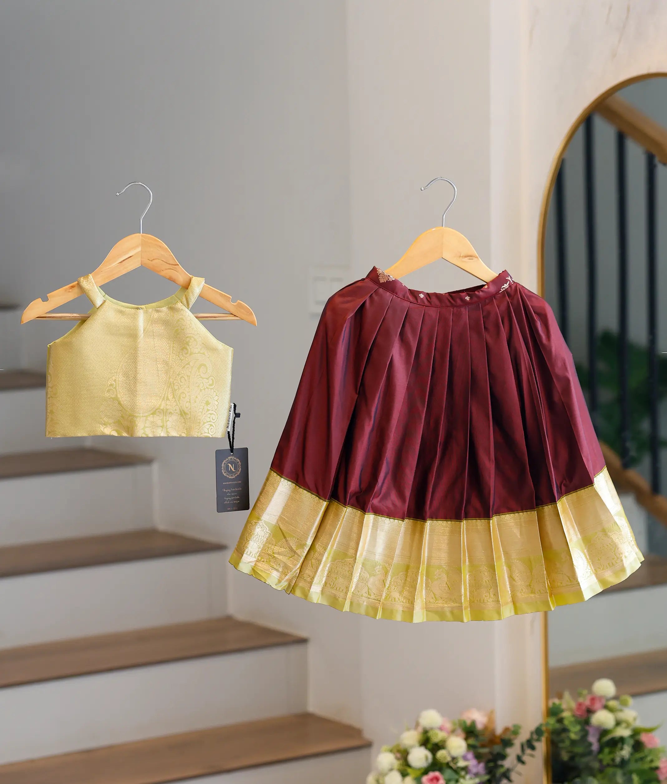 Maroon and Gold Kanchipuram Silk Skirt and Top for Baby Girl [6420A]