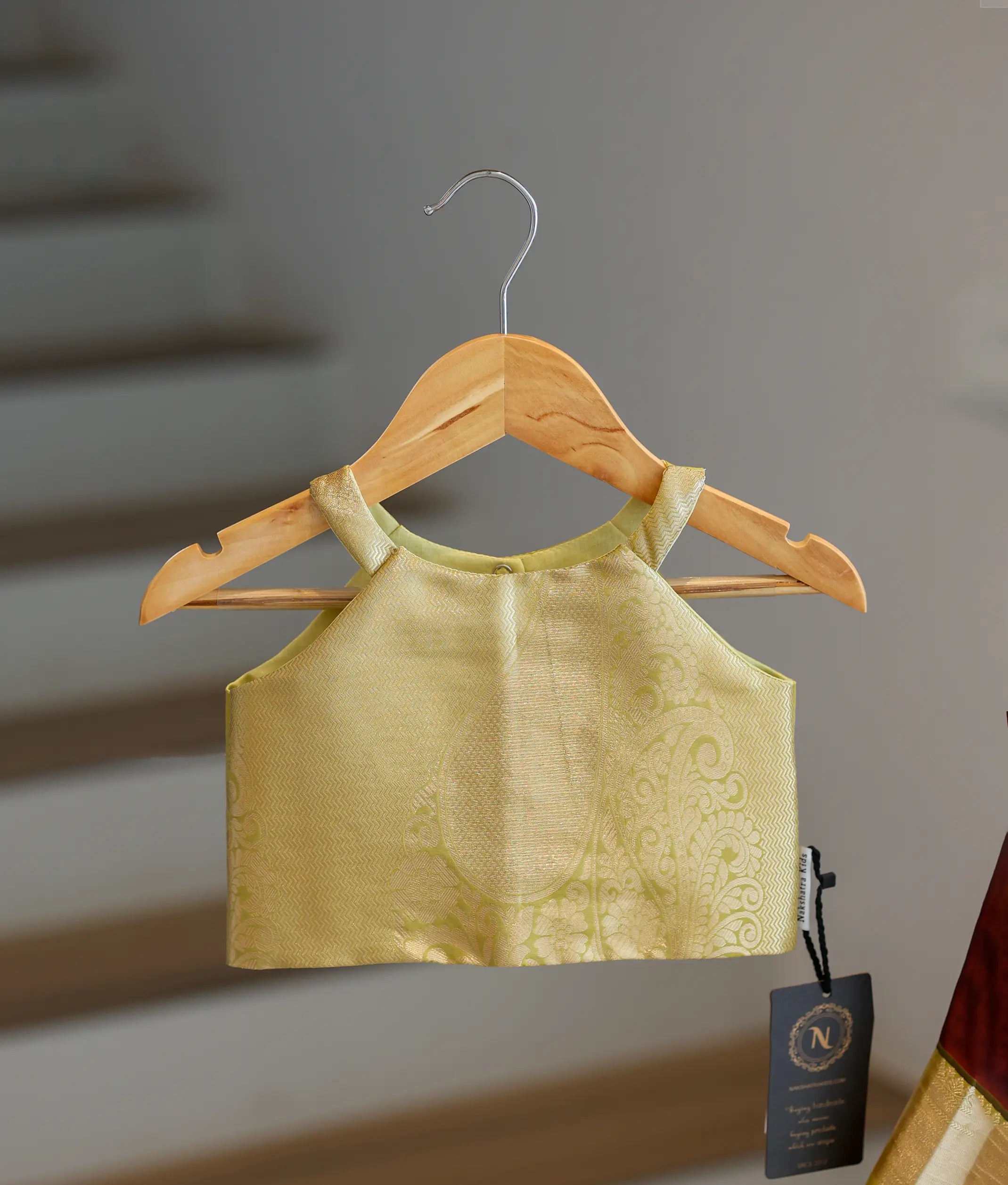 Maroon and Gold Kanchipuram Silk Skirt and Top for Baby Girl [6420A]