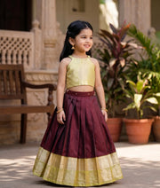Maroon and Gold Kanchipuram Silk Skirt and Top for Baby Girl [6420A]