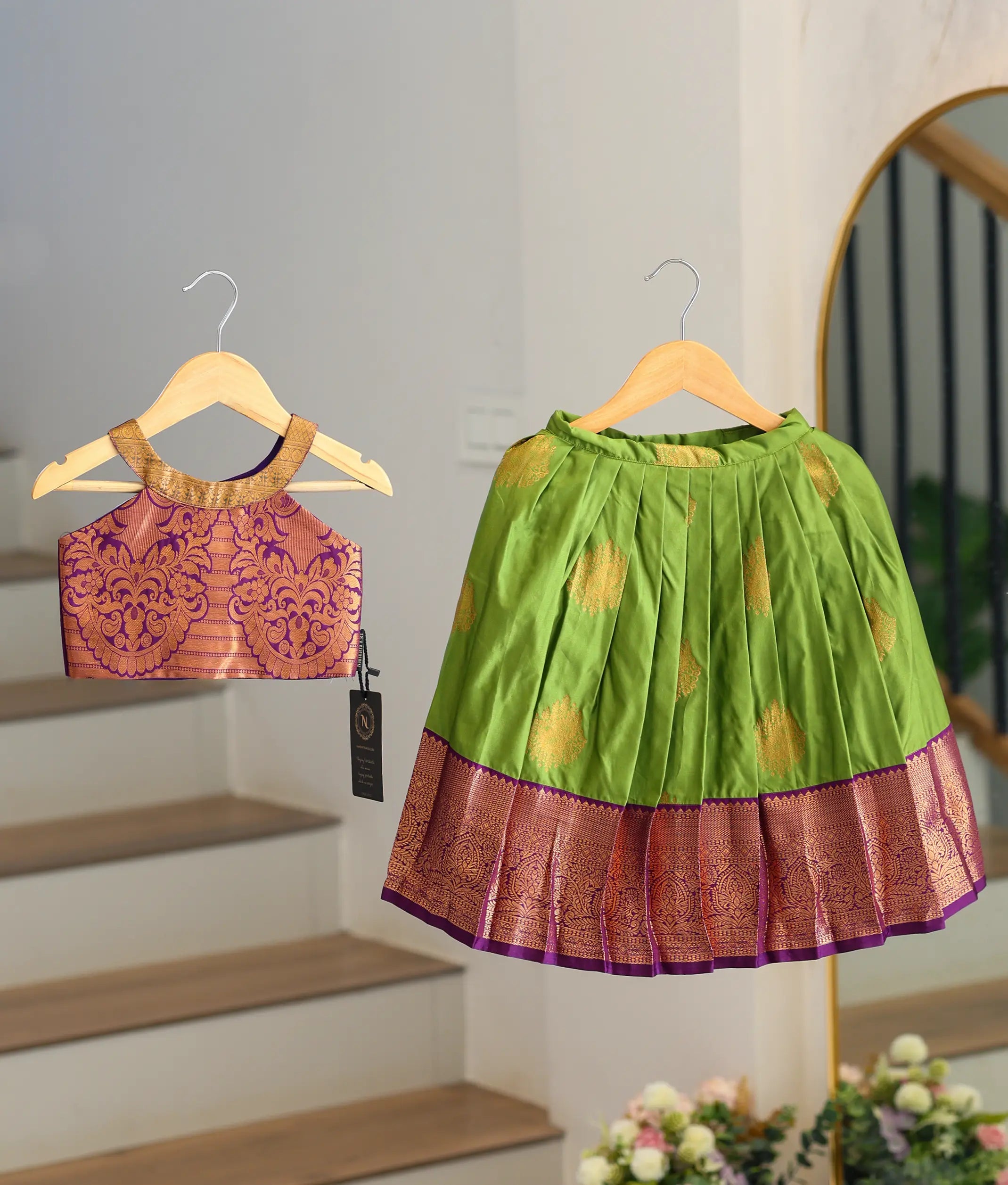 Olive Green and Wine Kanchipuram Silk Skirt and Top for Baby Girl [6421]