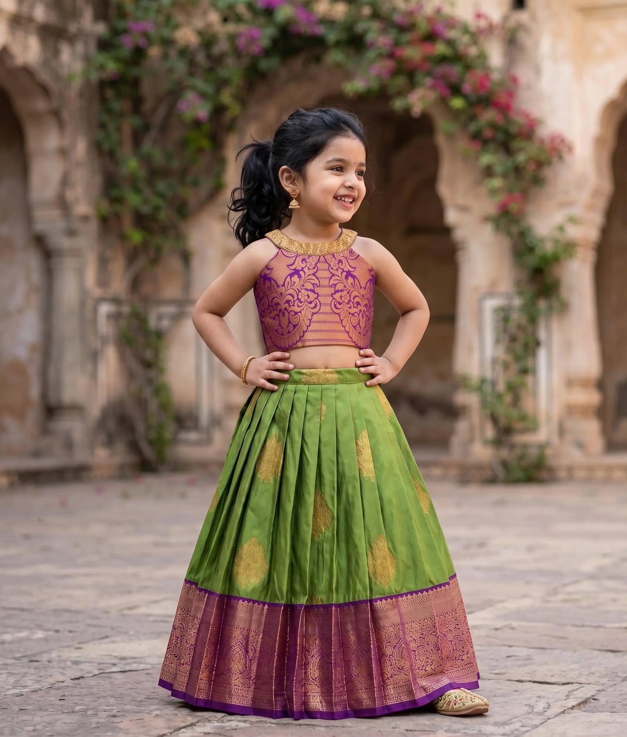 Olive Green and Wine Kanchipuram Silk Skirt and Top for Baby Girl [6421]